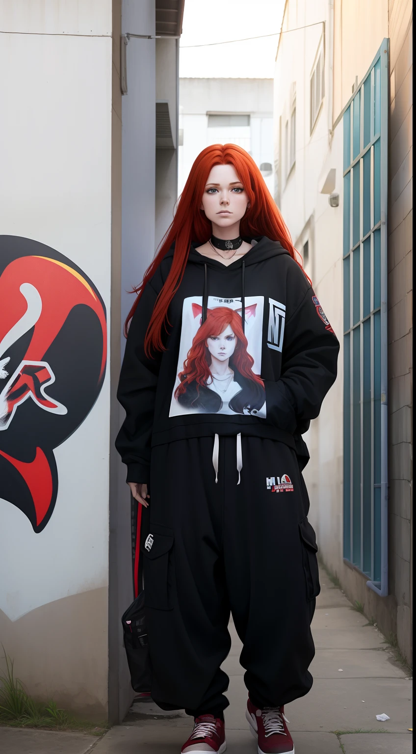 There's a red-haired woman holding a cigarette has a cat next to her, She wears baggy winter clothes and comfortable hip-hop street clothes, paredes de fundo com grafite, paredes com muitos grafites, smoke in the air