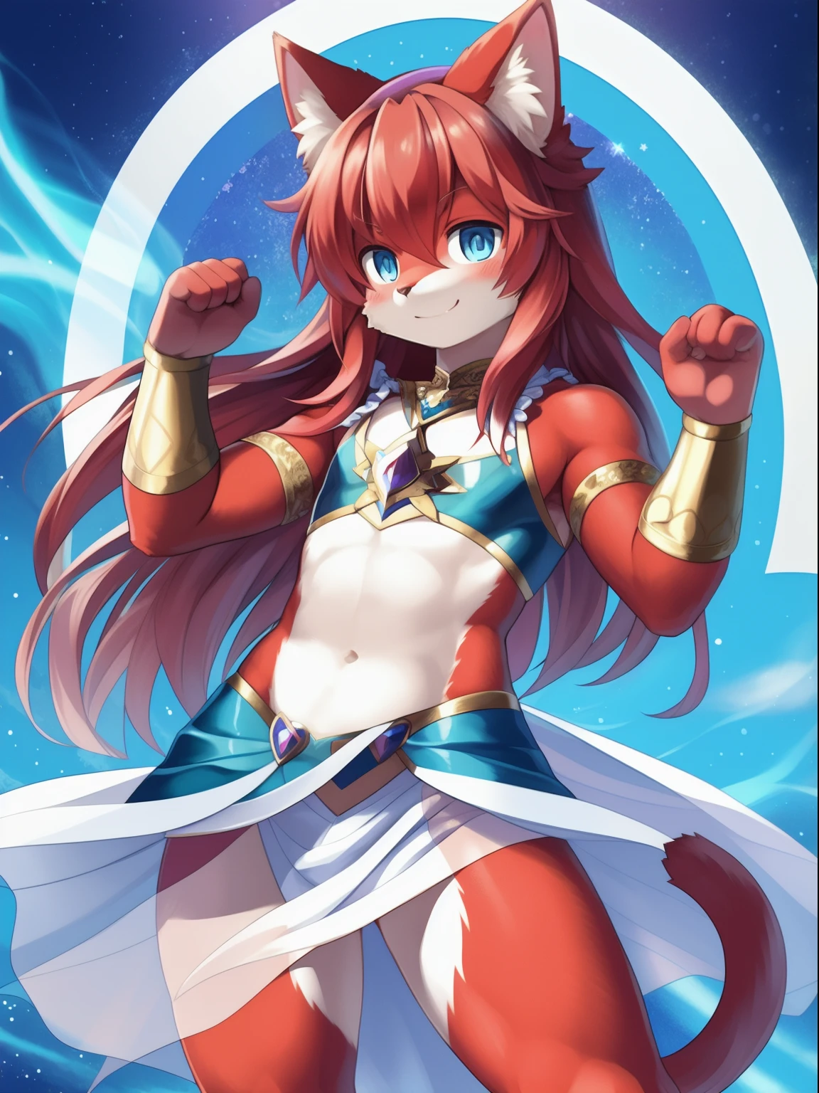 masterpiece, 1boy, Furry, kemono, furry cat, anthropomorphic, male, red fur, red skin, blue eyes, magical girl theme, long hair, revealing clothes, magical girl outfit, blue magical girl dress, femboy, sexy pose, uploaded on e621,