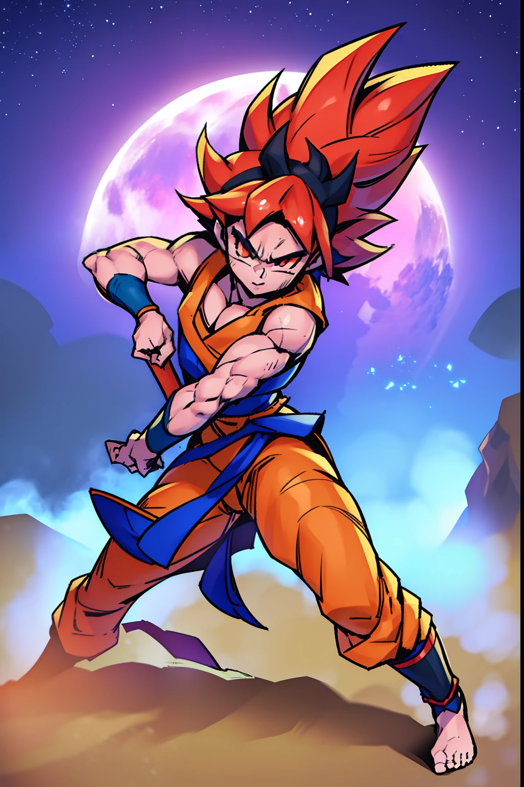 Goku versao Femea, cabelos pretos, roupas laranjas, musculosa, pose de luta, marcas de batalha no corpo, full body