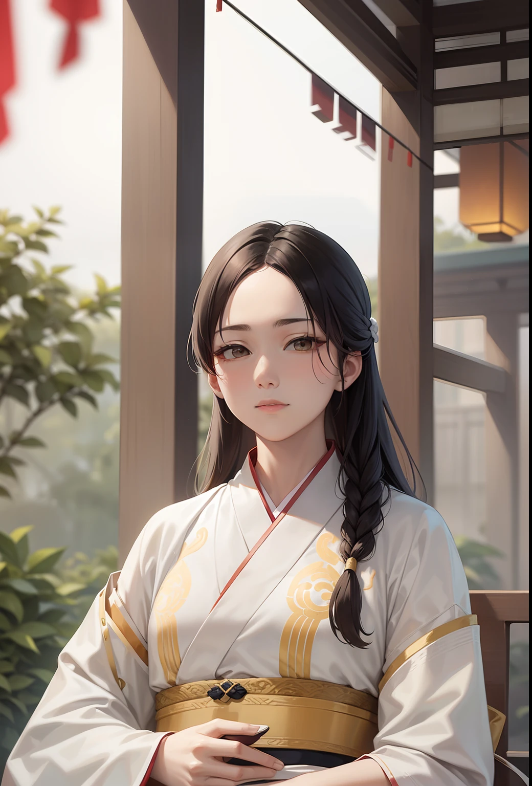 white and yellow hanfu, have bangs