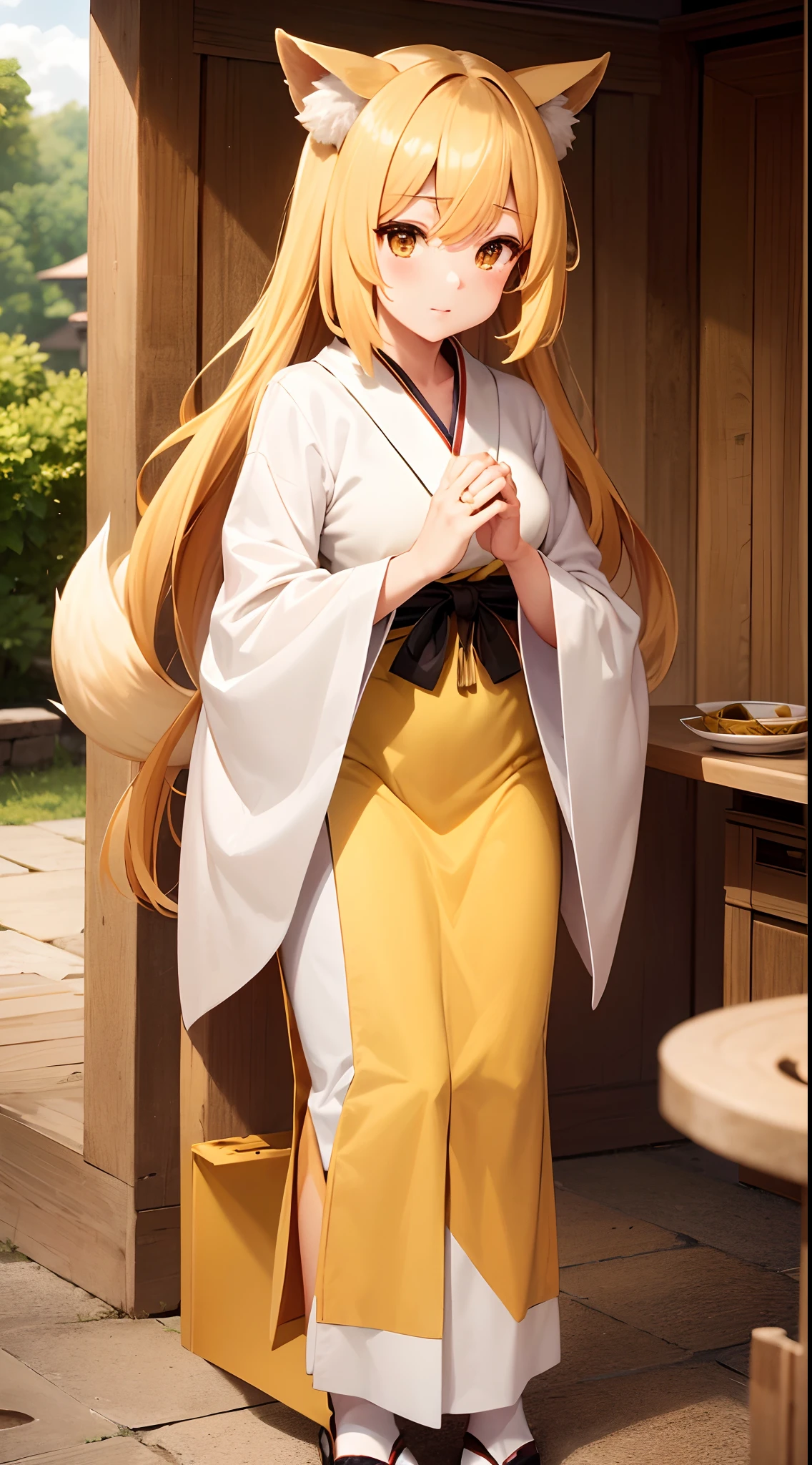 solo, 1 mature woman, long blonde hair, sparkling yellow eyes, white kimono, fluffy tail and fluffy yellow fox ear, 8k resolution, ultra-detailed, masterpiece, highest quality, blush