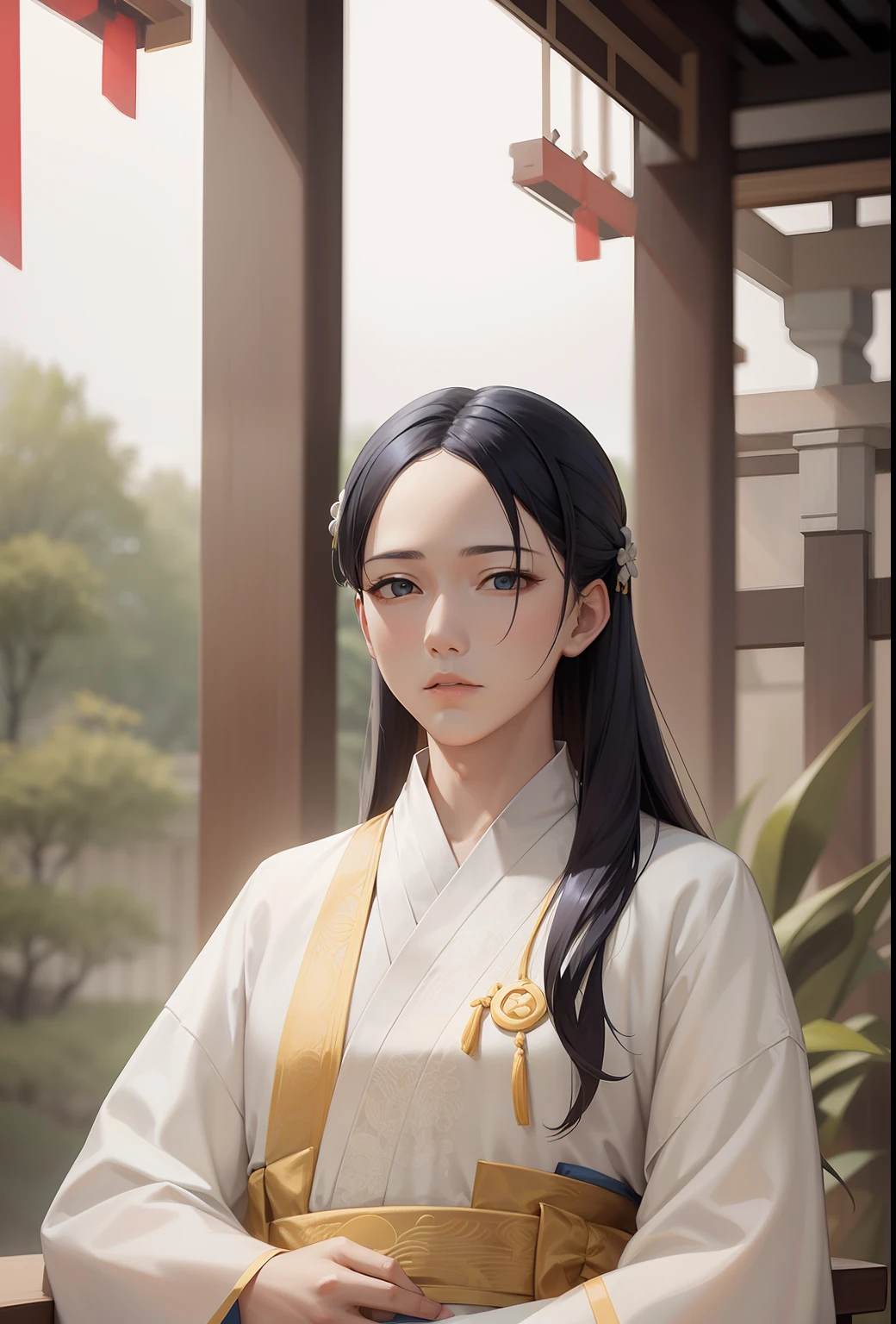 white and yellow hanfu, have bangs, blue accent on clothing, best quality