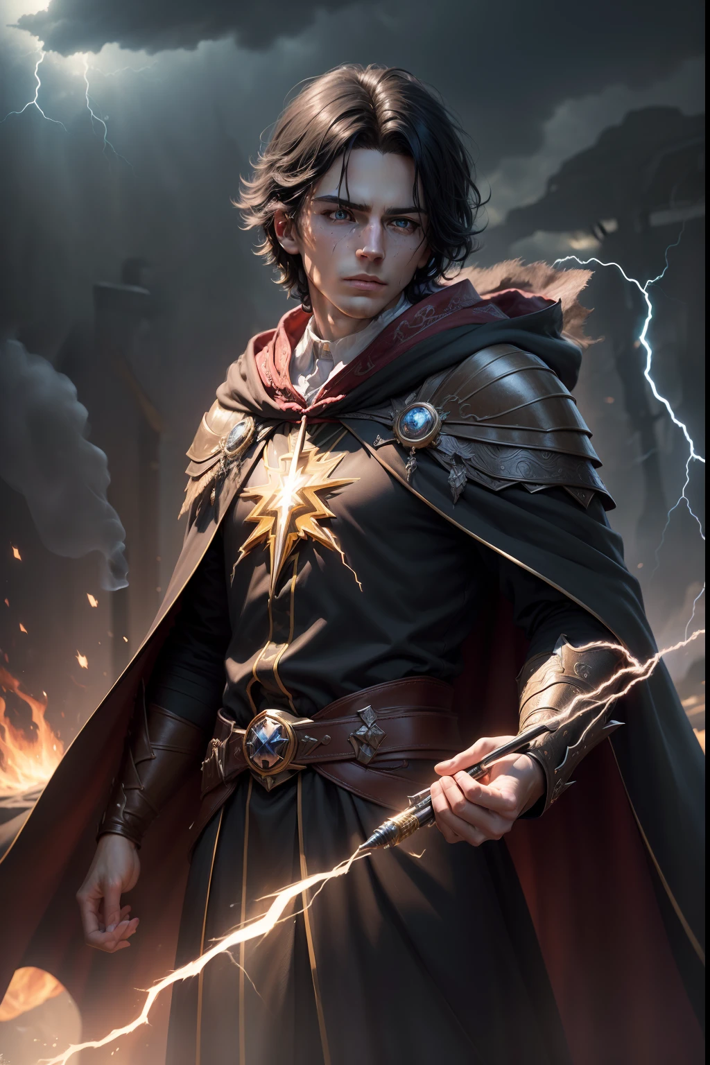 (skindentation:1.5), realistic, photorealistic, (masterpiece:1.5), concept art, intricate details, highly detailed, photorealistic, octane render, 8k, unreal engine, dynamic pose, best quality, highres, (realistic face:1.1 ), (hyperrealistic:1.1), ((full_body)), perfect eyes,(glowing skin:1.2), (((hairstyle))), ((perfect hands))), (extremely detailed background), ((dynamic background )), ((lightning)), (rays of light), ((1boy)), wearing cape, (((flowing cloak))), ((detailed eyes, high-quality eyes, high-quality face, black hair )), (extremely intricate robes, magical robes), short hair, lightning, electricity, swirling fire, radiating power, sparks, smoke, magic, ((dramatic)), epic, battlefield, depth of field, bokeh, 4k , gothic, ember, particles,