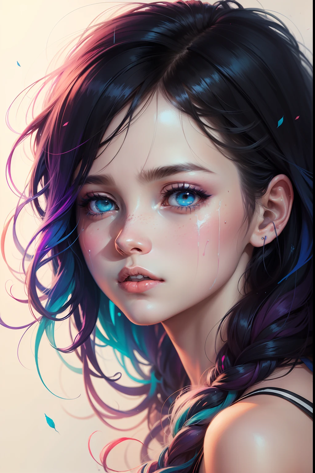 This is a dreamy and ethereal image. Generate a whimsical princess by Agnes Cecile with beautifully detailed and realistic eyes. Include ink drips and fairy lights. The colors used should be soft and pastel except for her eyes, which should be bold and realistically shaded. Include luminous, glitter, shimmer, and intricate detailing. This is a high quality image from world-class artist agnes cecile. ((masterpiece))