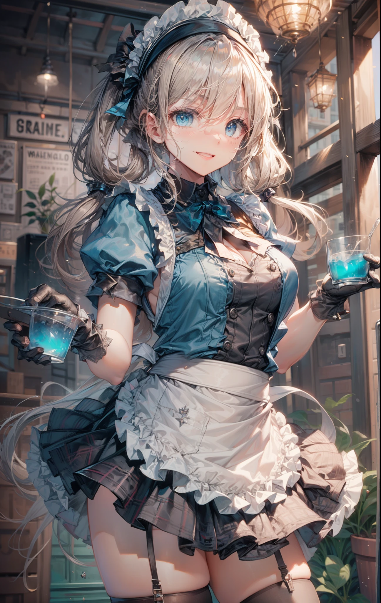 (masterpiece, best quality:1.2), cowboy shot, solo, 1girl, hinata kaho, smile, looking at viewer, holding tray, twintails, head scarf, waitress, frills, blue shirt, waist apron, puffy short sleeves, blue skirt, thighhighs, white gloves