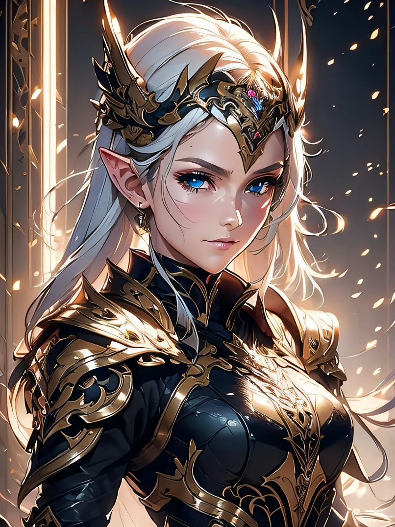 top-quality、ultra-detailliert、Very delicate、lighting like a movie、Unique lighting effects、Portrait of beautiful 40 year old female elf、3/5 shots、Environments with complex details、ighly detailed、Elegant person、Graceful aura、Elaborate patterns that blend fantasy and modernity、Black cloak of flowing fabric、Richly textured black leather armor and leggings、Delicately carved black plate armor、Bustling medieval cityscape and castle in the background、Mystical atmosphere filled with magical elements、Dynamic lighting with vibrant colors、Detailed background depiction、Deep sense of depth、Depth and mood、a blond、tall、a small face、well-proportioned figure、Hairstyle Ponytail、Seductive blue eyes、Sharp eyes、hyperdetailed face、A detailed eye、Detailed hand depiction、Detailed hip depiction、Dynamic action