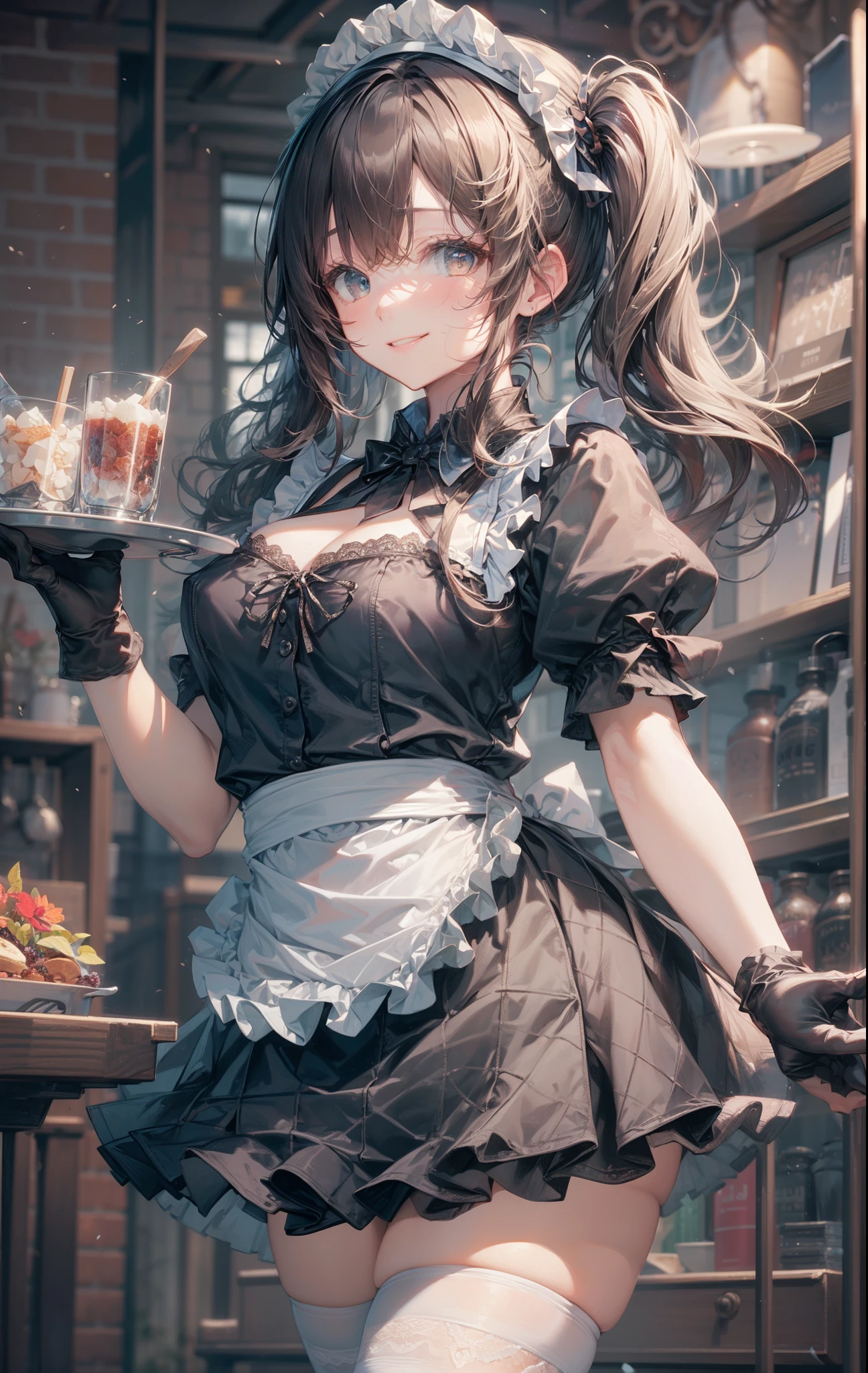 (masterpiece, best quality:1.2), cowboy shot, solo, 1girl, hinata kaho, smile, looking at viewer, holding tray, twintails, head scarf, waitress, frills, blue shirt, waist apron, puffy short sleeves, blue skirt, thighhighs, white gloves