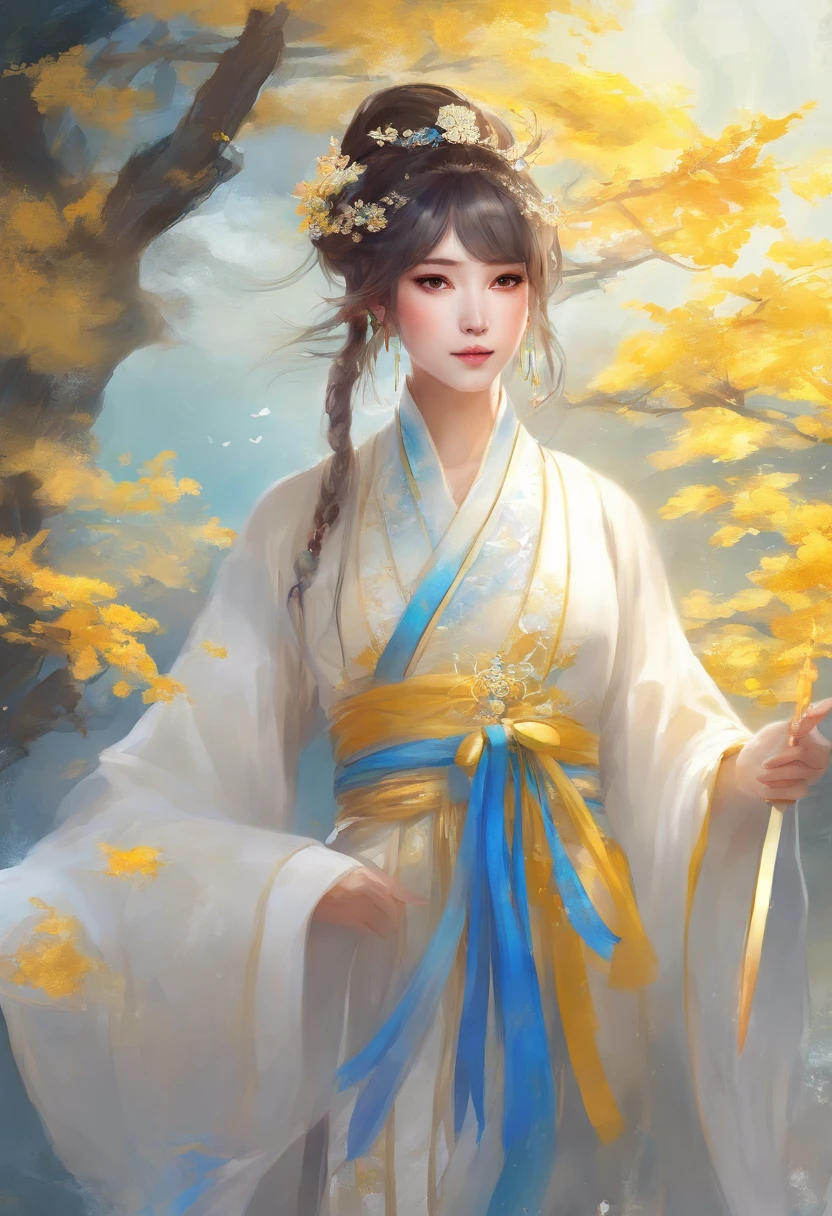 white and yellow hanfu, have bangs, blue accent on clothing, best quality