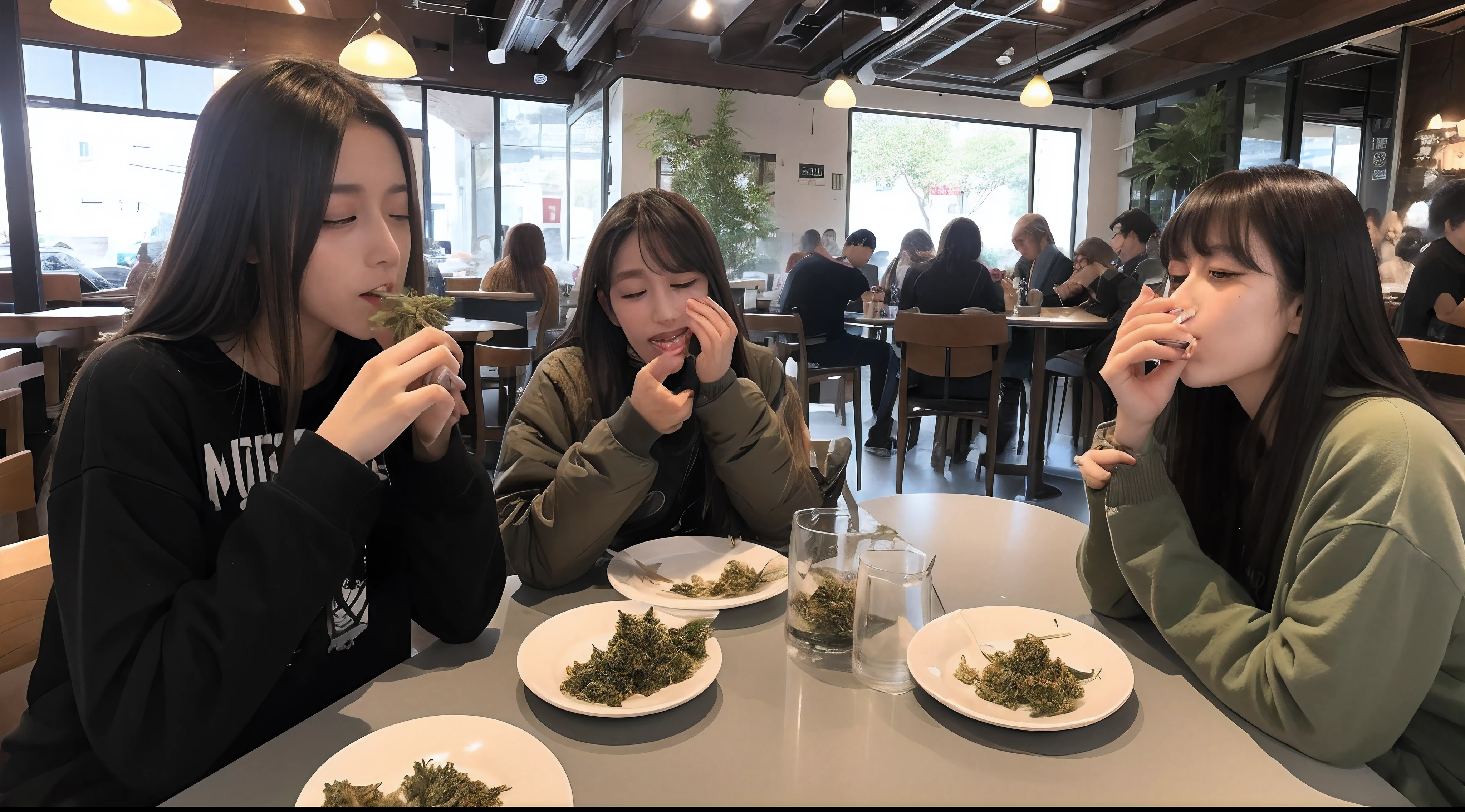 A lot of cannabis on the table、Cannabis buds、Woman smoking cannabis in café、Massive amount of white smoke from the mouth