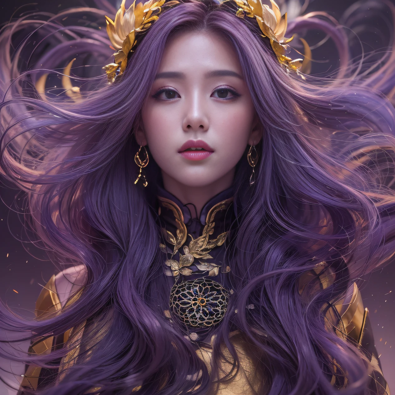 Agate glass texture 32K(tmasterpiece,k hd,hyper HD,32K)Long flowing bright purple hair,Autumn Pond,zydink, a color, Asian people (Kizi), (Red scarf), Combat posture, looking at the ground, long whitr hair, Floating bright purple, Fire cloud pattern gold tiara, Chinese long-sleeved gold silk garment, (abstract ink splash:1.2), white backgrounid,Lotus protector(realisticlying:1.4),Bright purple hair,Smoke on the road,The background is pure, A high resolution, the detail, RAW photogr, Sharp Re, Nikon D850 Film Stock Photo by Jefferies Lee 4 Kodak Portra 400 Camera F1.6 shots, Rich colors, ultra-realistic vivid textures, Dramatic lighting, Unreal Engine Art Station Trend, cinestir 800,Long flowing bright purple hair