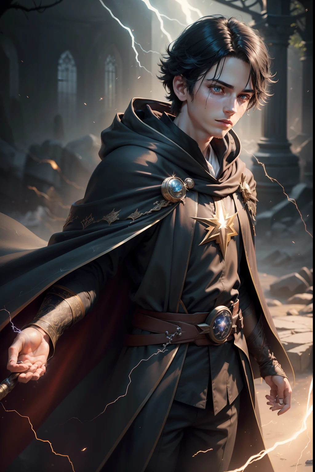 (skindentation:1.5), realistic, photorealistic, (masterpiece:1.5), concept art, intricate details, highly detailed, photorealistic, octane render, 8k, unreal engine, dynamic pose, best quality, highres, (realistic face:1.1 ), (hyperrealistic:1.1), ((full_body)), perfect eyes,(glowing skin:1.2), (((hairstyle))), ((perfect hands))), (extremely detailed background), ((dynamic background )), ((lightning)), (rays of light), ((1boy)), wearing cape, (((flowing cloak))), ((detailed eyes, high-quality eyes, high-quality face, black hair )), (extremely intricate robes, magical robes), short hair, lightning, electricity, swirling fire, radiating power, sparks, smoke, magic, ((dramatic)), epic, battlefield, depth of field, bokeh, 4k , gothic, ember, particles,