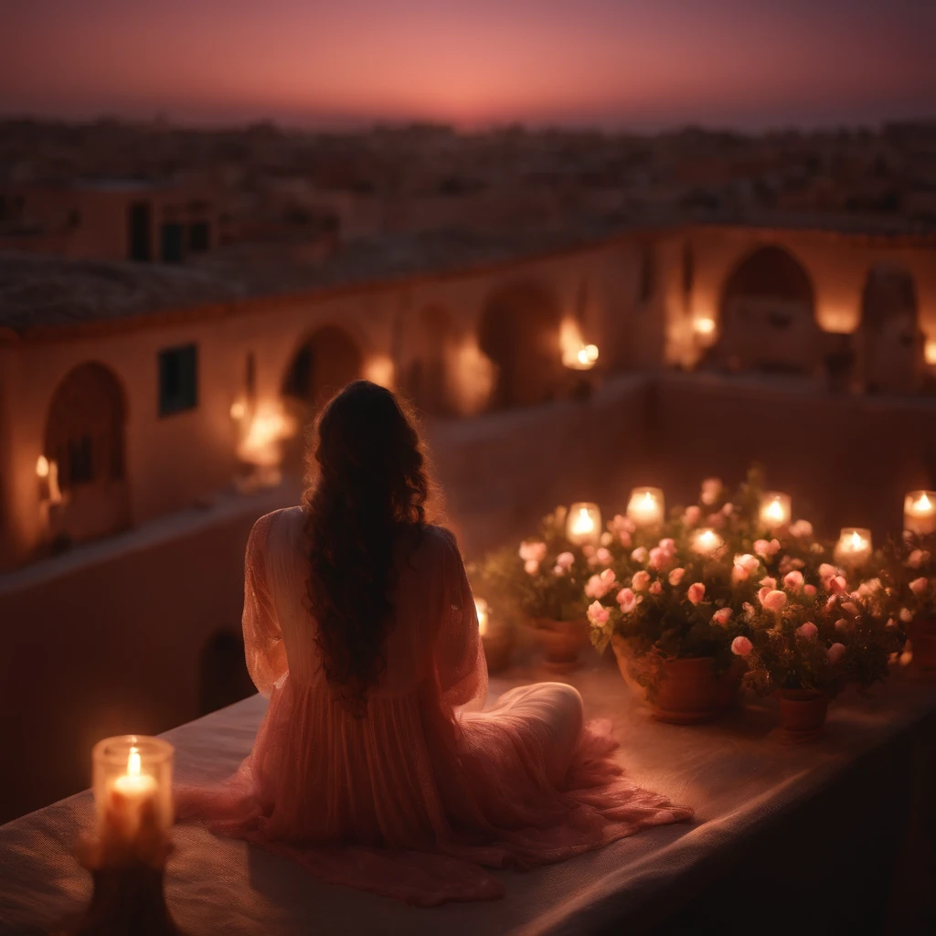 hyper realistic photo, ultra detailed photograph of a beautiful Moroccan rooftop, woman from behind, face hidden, towards view, praying, sobbing, lonely, photorealistic, riad rooftop, Amazigh pillows, Marrakech view, stunning moon, shimmering stars, iridescent, sheer, soft breeze, hyperrealism, moroccan lamps, Ultra photoreal, Intricate details, Ultra detailed, elegant photorealistic, great high details, hyper real photo, 8k, extreme quality, gorgeous light pink roses, exotic, glimmering lights, magical, romantic,