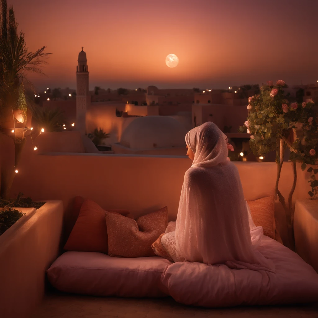 hyper realistic photo, ultra detailed photograph of a beautiful Moroccan rooftop, woman from behind, face hidden, towards view, praying, sobbing, lonely, photorealistic, riad rooftop, Amazigh pillows, Marrakech view, stunning moon, shimmering stars, iridescent, sheer, soft breeze, hyperrealism, moroccan lamps, Ultra photoreal, Intricate details, Ultra detailed, elegant photorealistic, great high details, hyper real photo, 8k, extreme quality, gorgeous light pink roses, exotic, glimmering lights, magical, romantic,