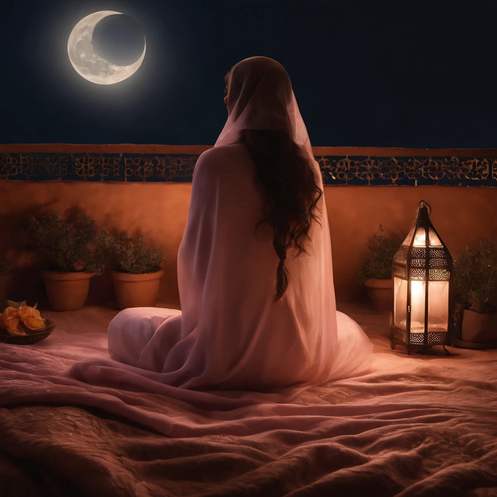hyper realistic photo, ultra detailed photograph of a beautiful Moroccan rooftop, woman from behind, face hidden, towards view, praying, sobbing, lonely, photorealistic, riad rooftop, Amazigh pillows, Marrakech view, stunning moon, shimmering stars, iridescent, sheer, soft breeze, hyperrealism, moroccan lamps, Ultra photoreal, Intricate details, Ultra detailed, elegant photorealistic, great high details, hyper real photo, 8k, extreme quality, gorgeous light pink roses, exotic, glimmering lights, magical, romantic,