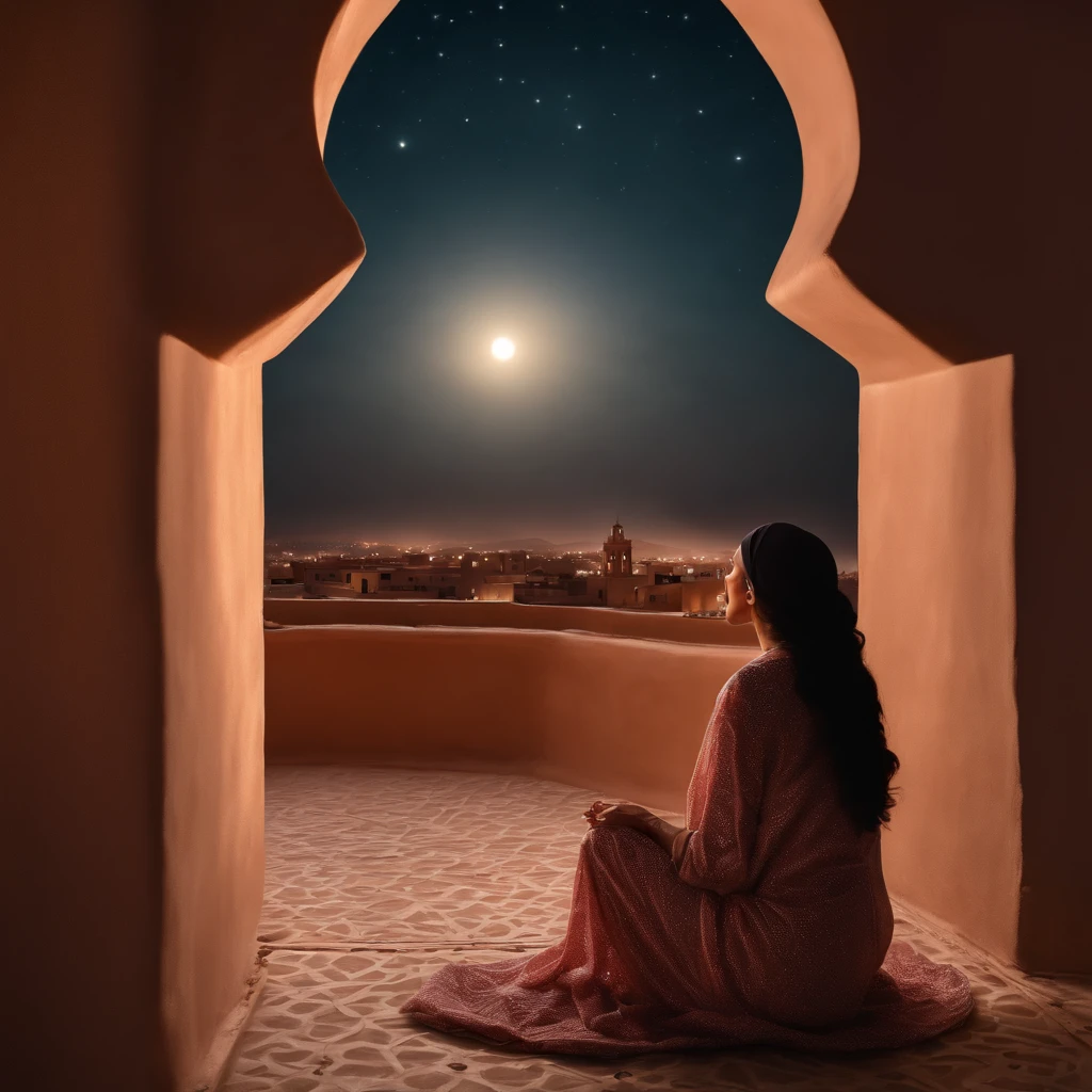 hyper realistic photo, ultra detailed photograph of a beautiful Moroccan rooftop, woman from behind, face hidden, towards view, praying, sobbing, lonely, photorealistic, riad rooftop, Amazigh pillows, Marrakech view, stunning moon, shimmering stars, iridescent, sheer, soft breeze, hyperrealism, moroccan lamps, Ultra photoreal, Intricate details, Ultra detailed, elegant photorealistic, great high details, hyper real photo, 8k, extreme quality, gorgeous light pink roses, exotic, glimmering lights, magical, romantic,