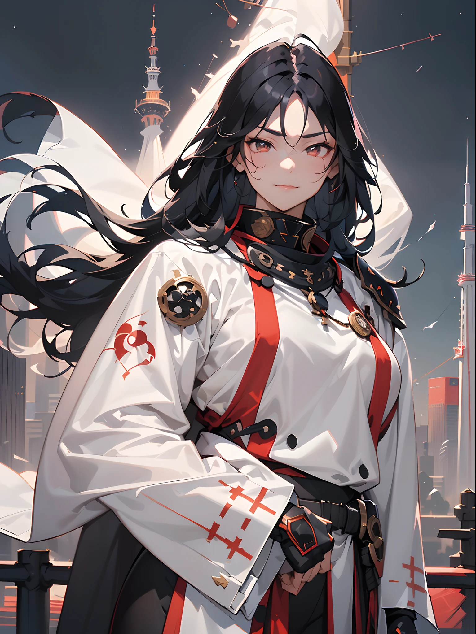 ((SF)),((1girl in)),Long black hair,((onmyouji)),A white cloak with red decoration flutters in the wind,(((armor))),((Mechanical)),(bodysuit),((black gauntlet and glove)),((Skytree of the future)),((Beautiful night view of big city)),((((strong breeze)))),(((upper body))),((Cane on the guardrail at the harbor)),side view,sad smile