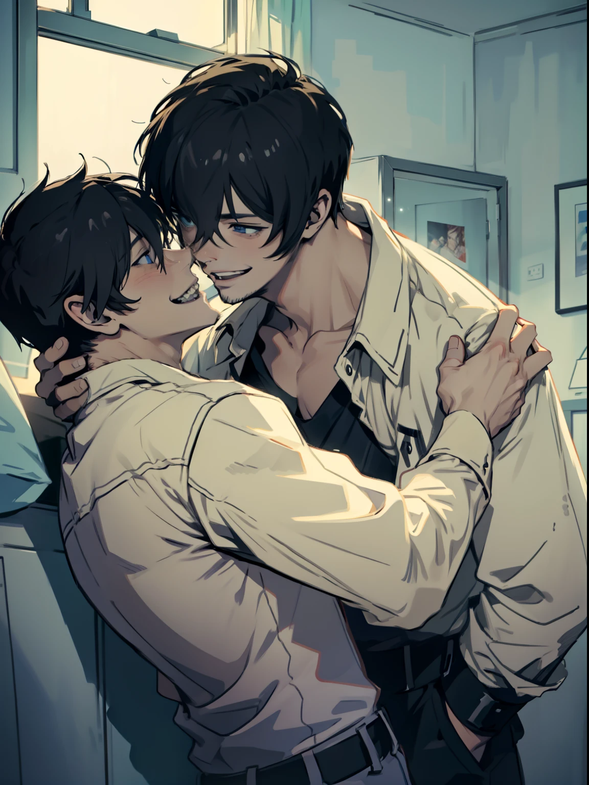 Libido boy，short detailed hair，Handsome，Clear eyes，Pain - Custom，sitted，natta，inside in room，Two men、Laughing、,Pupils、glad、Play with each other