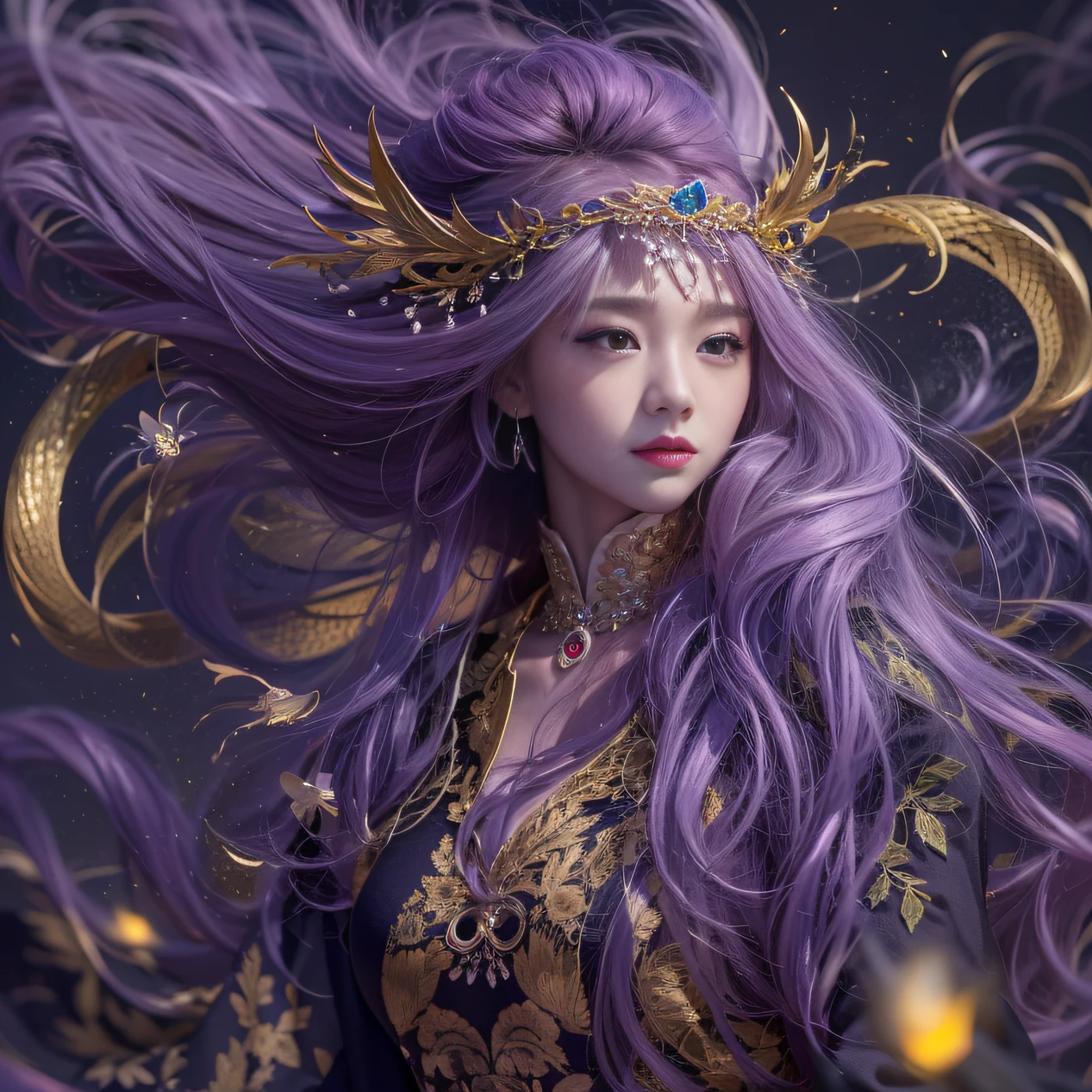 Agate glass texture 32K(tmasterpiece,k hd,hyper HD,32K)Long flowing bright purple hair,Autumn Pond,zydink, a color, Asian people (Kizi), (Red scarf), Combat posture, looking at the ground, long whitr hair, Floating bright purple, Fire cloud pattern gold tiara, Chinese long-sleeved gold silk garment, (abstract ink splash:1.2), white backgrounid,Lotus protector(realisticlying:1.4),Bright purple hair,Smoke on the road,The background is pure, A high resolution, the detail, RAW photogr, Sharp Re, Nikon D850 Film Stock Photo by Jefferies Lee 4 Kodak Portra 400 Camera F1.6 shots, Rich colors, ultra-realistic vivid textures, Dramatic lighting, Unreal Engine Art Station Trend, cinestir 800,Long flowing bright purple hair