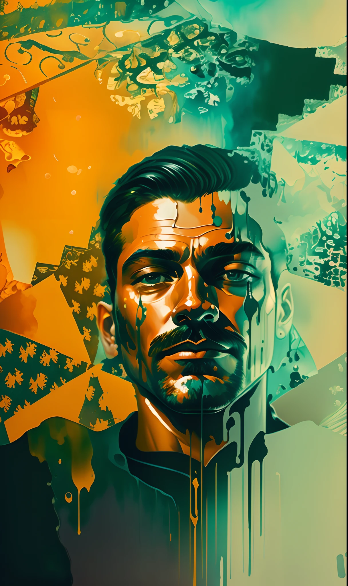 Detective man using an over all enigmatic, character rendering, model of the highest quality, ethereal background, abstract beauty, explosive volume, oil painting, heavy brushstrokes, drips of paint