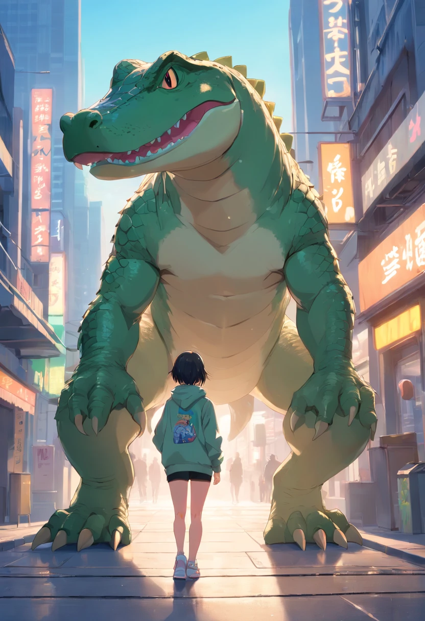 ((foto crua)), ((obra-prima)), Anthropomorphic humanoid alligator wearing (((roupas de streetwear))), caminhando furiosamente entre as pessoas, detalhe intrincado, intricate Greebles pieces, city behind, corpo musculoso, (((large muscles))), calda, muscular arms, (small head), Ogro monstruoso, Titan soft lighting, Hiper realista, soft-lighting, Ambiente sinistro