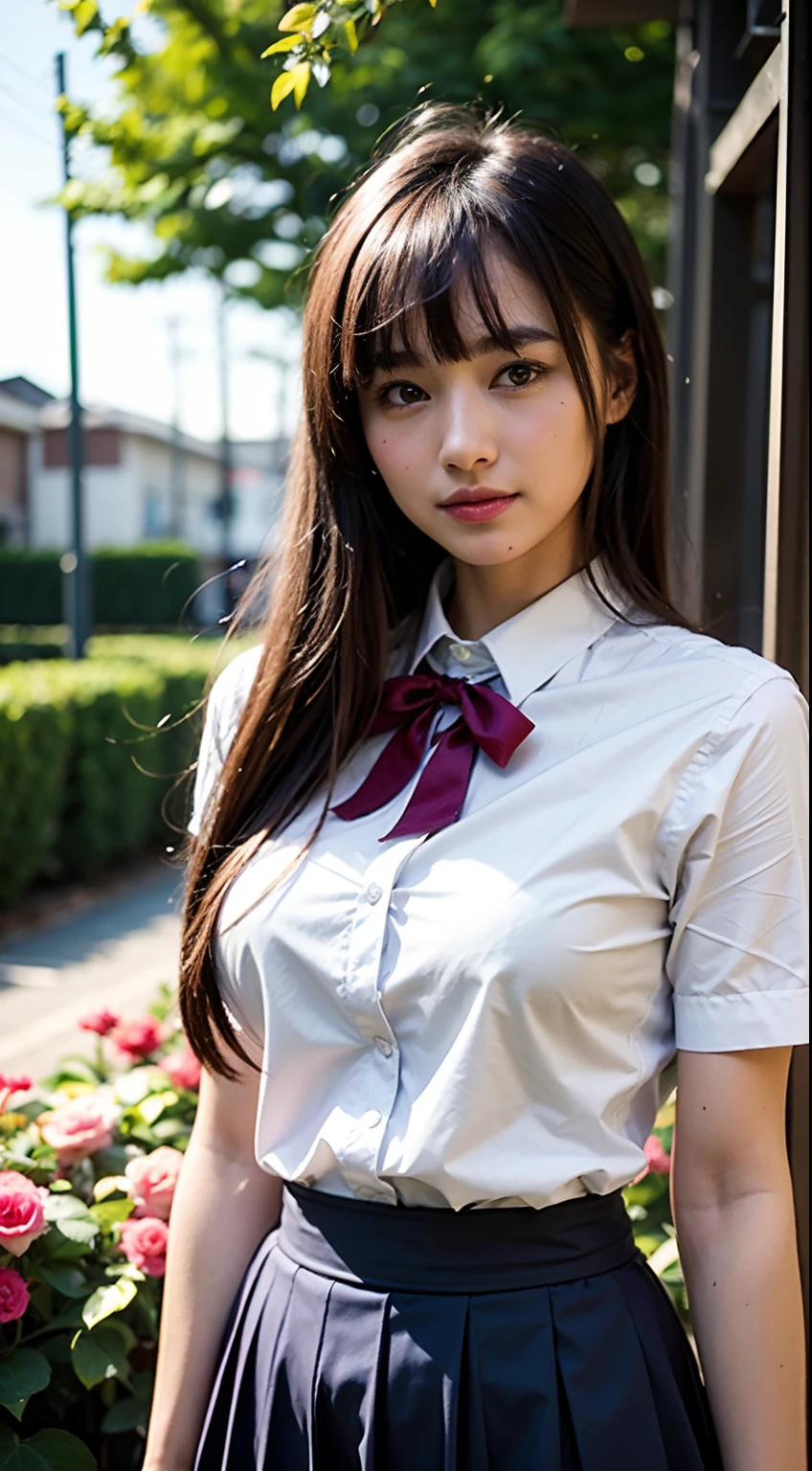 (8k, RAW photo, best quality, masterpiece:1.2), ultra detailed, ultra high res, (realistic, photo realistic:1.37), high detail RAW color photo, professional photograph, depth of field, bokeh, realistic shadow, dynamic lighting, portrait, HDR, SIGMA 85 mm F/1.4, ISO 200, 1/125 sec shutter, an extremely delicate and beautiful, extremely detailed, 8k wallpaper, Amazing, finely detail, huge file size, official art, extremely detailed CG unity 8k wallpaper, extremely detailed beautiful girl, extremely detailed face, extremely detailed eyes, extremely detailed skin, extremely detailed fingers, extremely detailed nose, extremely detailed mouth, perfect anatomy, highly detailed background, extremely detailed clothing, 1girl, (18 years old:1.2), teenage, cute girl, famous japanese idol, kawaii, realistic body, petite, fair skin, shiny skin, slender body, good figure, black hair, long straight hair, (blunt bangs:1.2), smile, cute, young, cute face, baby face, realistic face, beautifully detailed eyes, drooping eyes, beautiful big eyes, large dark eyes, beautiful and clear eyes, (school uniform:1.0), bow, white collared shirt, skirt, short sleeve, looking at viewer, cowboy shot, face the front, standing posture, contrapposto, outdoors, midday, field, carpet of flowers, flowers all over, surrounded by flowers, colorful flowers,
