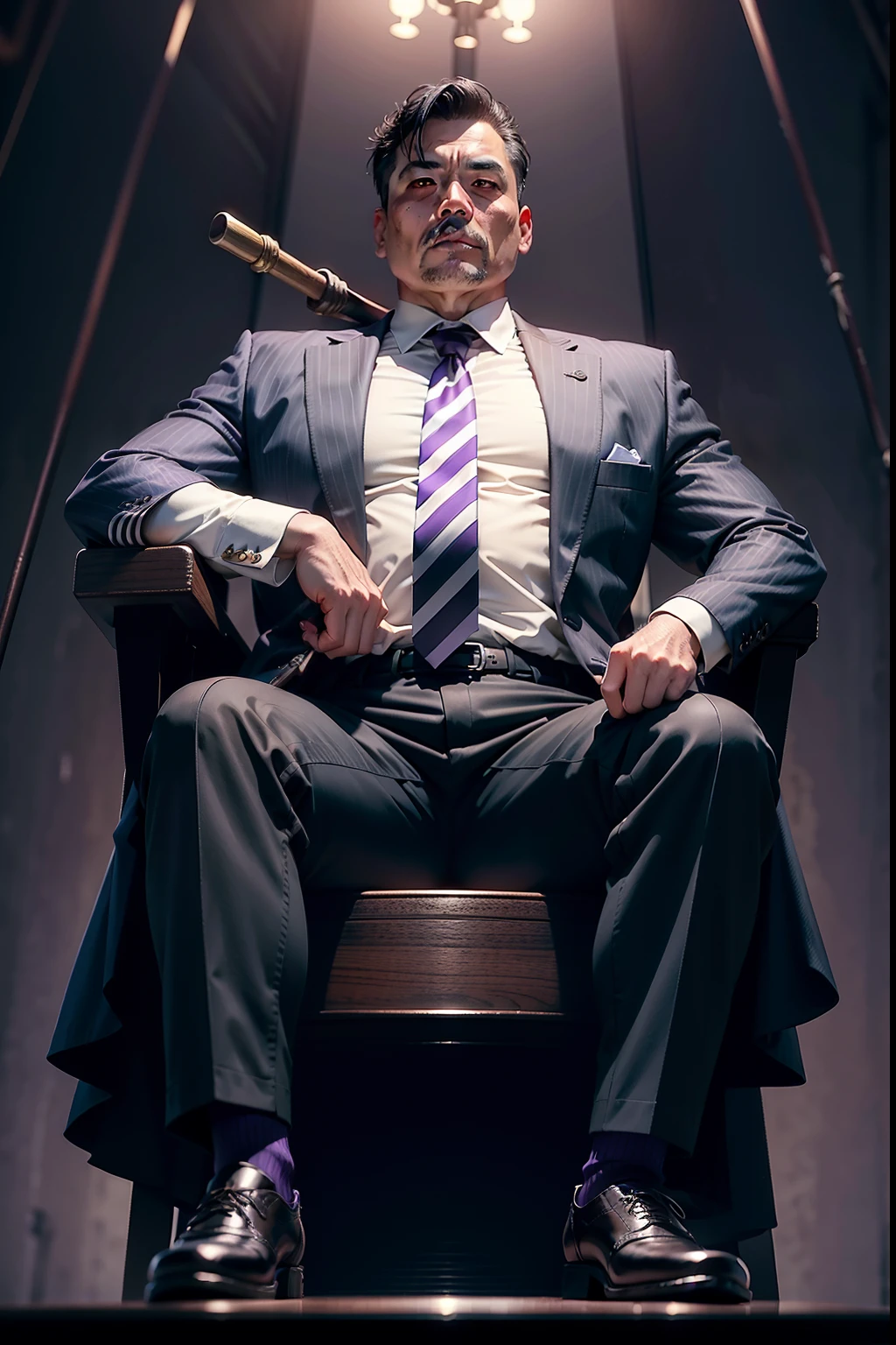 50-year-old middle-aged man，Man，Height 195，Asian people，sitting on a metal throne，God perspective，The eyes are about to face each other，Chinese men，musculature，Lift one foot，Wearing a black and white striped suit，Black and white striped trousers，purple necktie，Wearing a long purple trench coat，long windbreaker，Black socks，Brown oxford shoes，Cord，Ferocious and ferocious，Club background，Horsewhip in hand