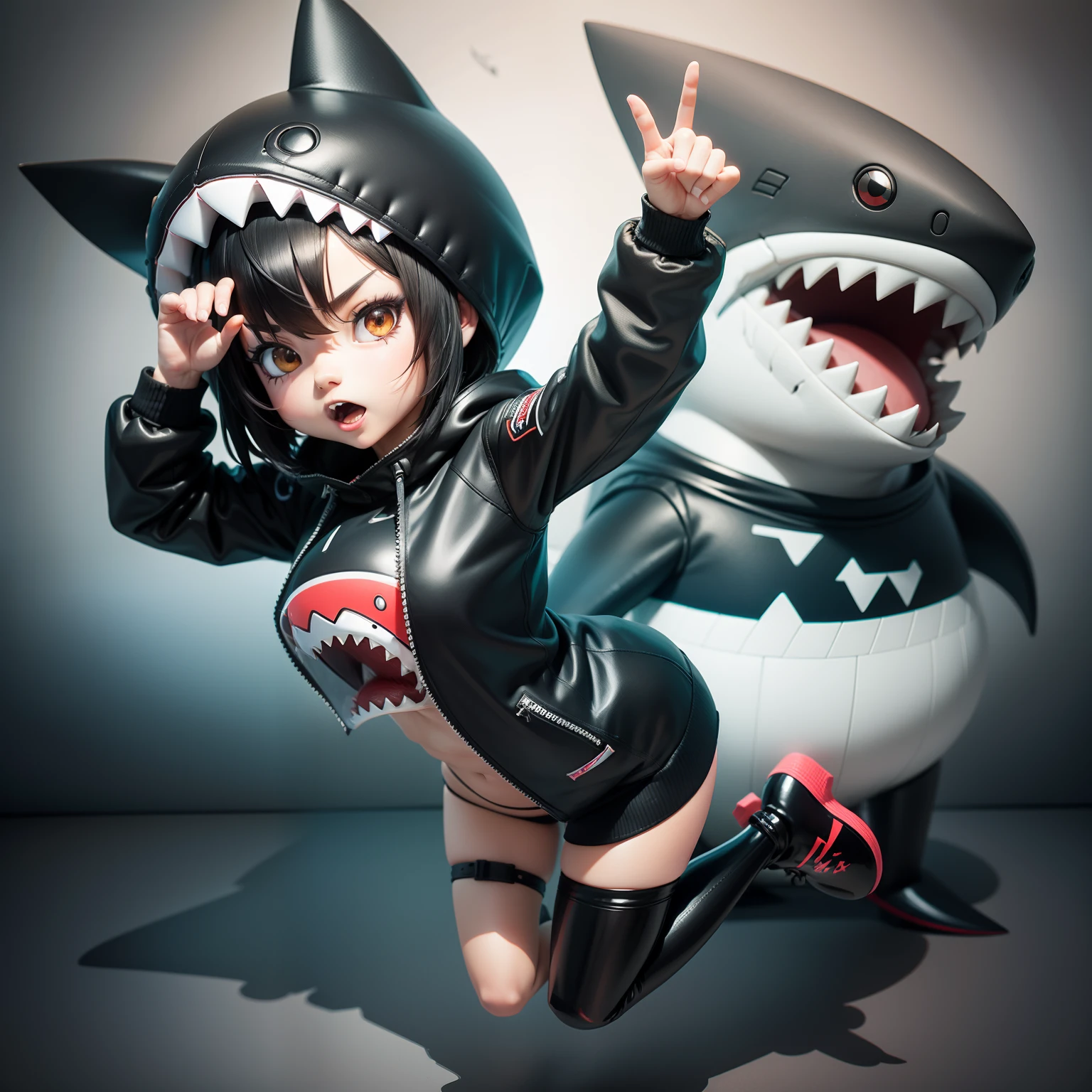 Chibi, shark, Cute, Shark Hat, actionpose, Black Hair Bob, Shark Suit, Big Badejo, Full body, masutepiece, 3D Rendering, Best Quality, Lots of detail, (Plain background), vinyl toy figurine