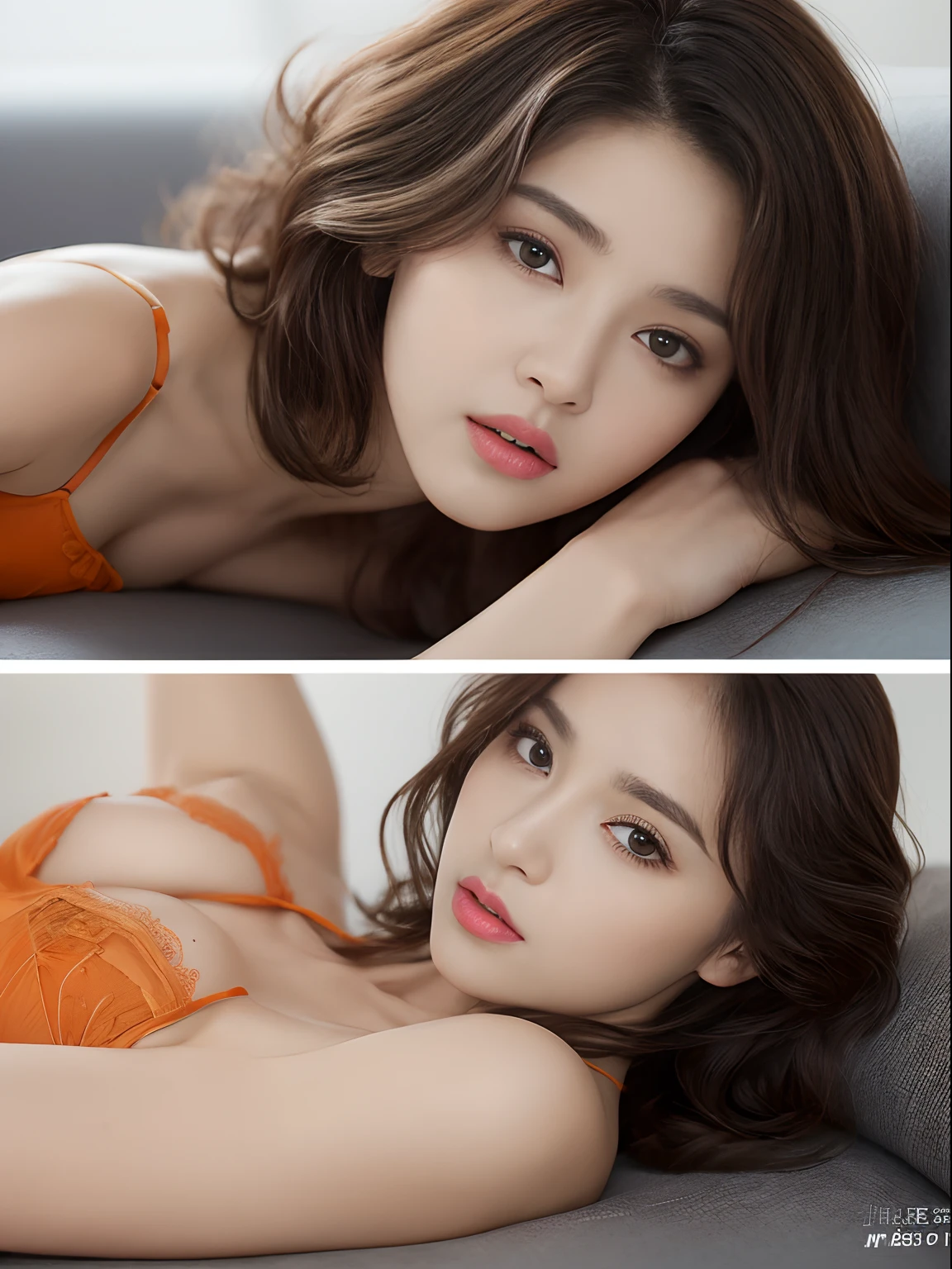 ((Top Quality, 16k, Masterpiece: 1.3)), Sharp Focus: 1.2, Beautiful Women in Perfect Shape: 1.4, Slender Abs: 1.2, ((Long Wavy Hair)), ((Small: 1.4)), ((Kpop Idol: 1.3)), ((Sweating: 1.4)), ((Dark Orange Lingerie 1.5)), (White Sofa), Highly Detailed Face and Skin Texture, Detailed Eyes, Double eyelids, ((pose)), (seductive)), wet and shiny skin, ((heat: 1.6)), (legs spread))