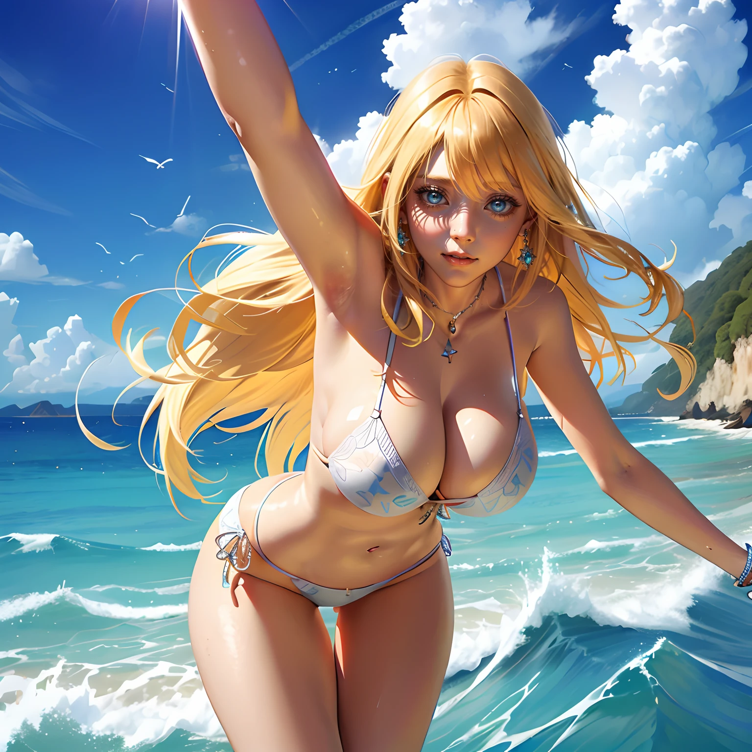 ultra-fotorrealista, mulher extremamente sedutora, seios enormes, Praia do Sol Celestial, super detailed illustration, white hair, olhos vermelhos cintilantes, cabelo longo, bikini white, corpo suado, vivid colors, foco nítido