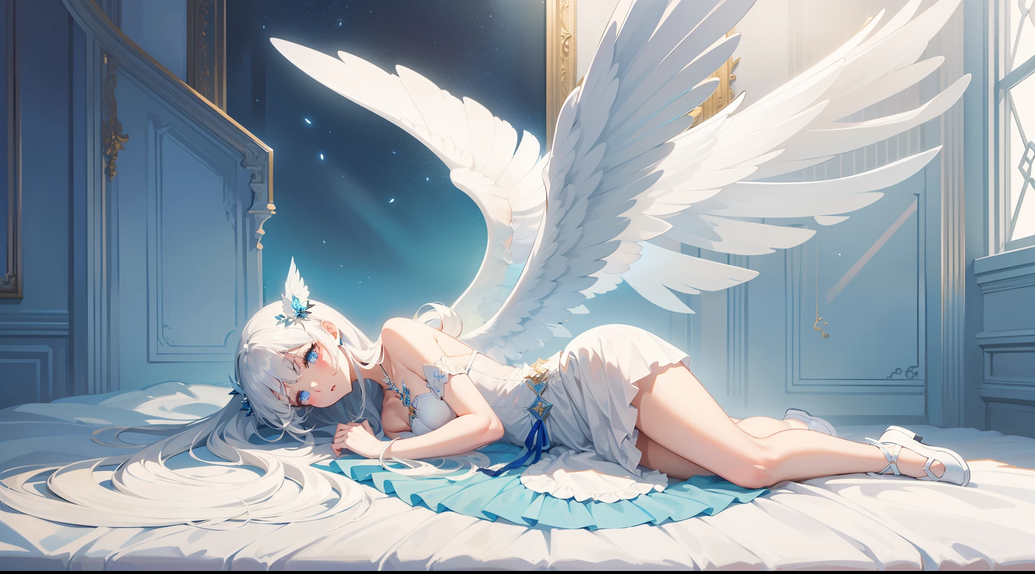 masterpiece, best quality, ultra -detailed, finely detail, White girl, angel, two big wings, white hair, blue eyes, sexy, sexy pose, pastel blue dress, full body, long hair, fringe, pastel blue dress, white shoes, acessories, wings on the back, lying down