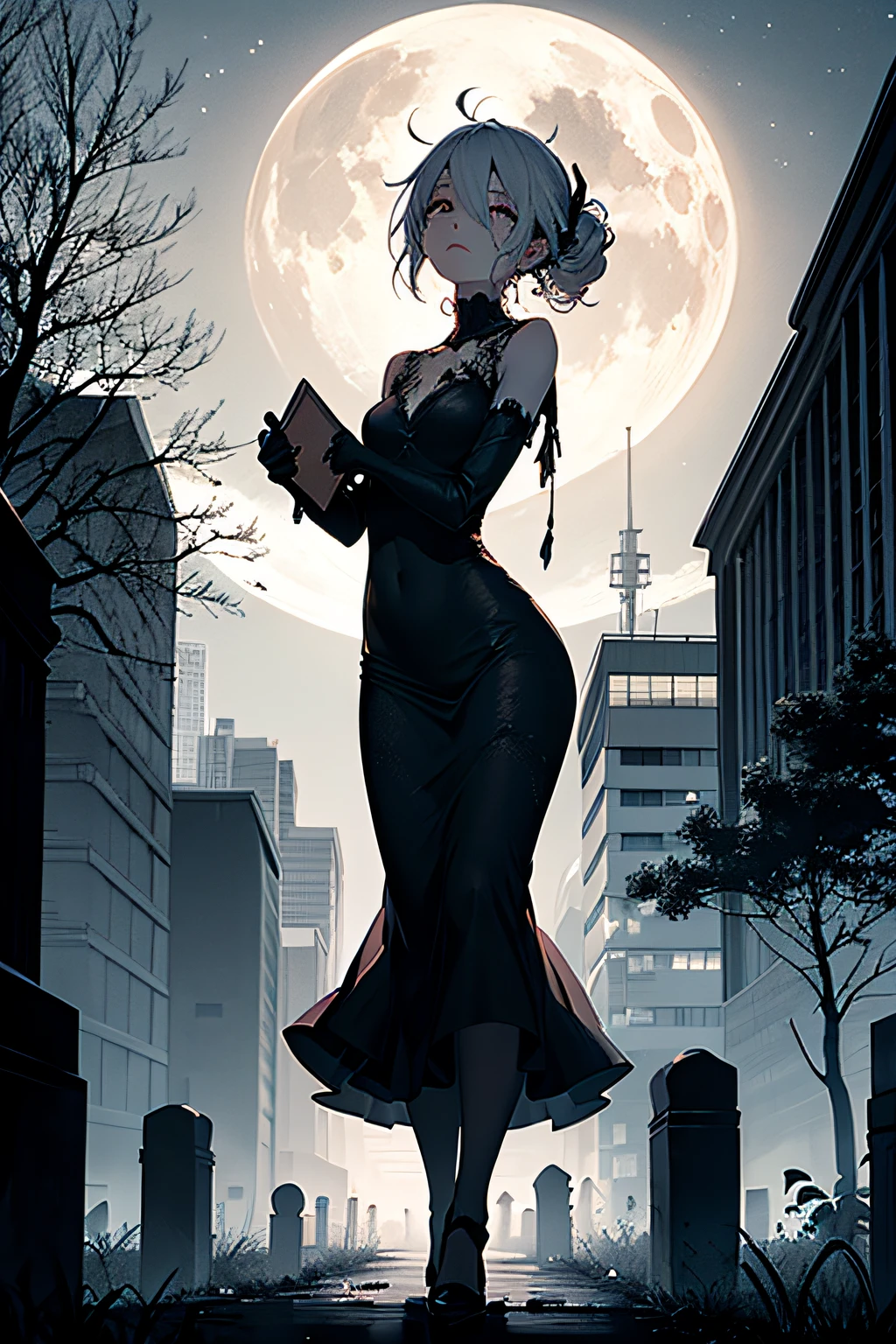 Her eyes shone like stars、Curvaceous but slender、Rotten flesh、Spookyness MAX、Incomplete limbs、(top-quality、hight resolution、8k、masterpiece:1.2)。Beautiful female zombies、Under the red moonlight、From the center of a sandy cemetery lined with old tombstones、Generate a scene depicting it slowly creeping up。Zombies slowly reach out of their state of being buried alive、While twisting your shoulders gracefully,、Holding a tombstone with pale hands。Elegant tattered dress flutters in the wind、Damaged hair swaying in the darkness、Describe the zombie's distorted steps as if they were somehow bewitching。A demonic red moon hovers behind the cemetery、The light of the red moon highlights her eerie beauty。In the distance you can see a small Devil's Castle。A light mist forms around the tombstone.、An eerie silence drifts in the air、Bats are flying around。Limb incomplete zombie looks up at the sky、At a loss, as if searching for his arm in the darkness。This scene is called、Finish it into an eerie piece that combines the bewitching and beauty of zombie movements。