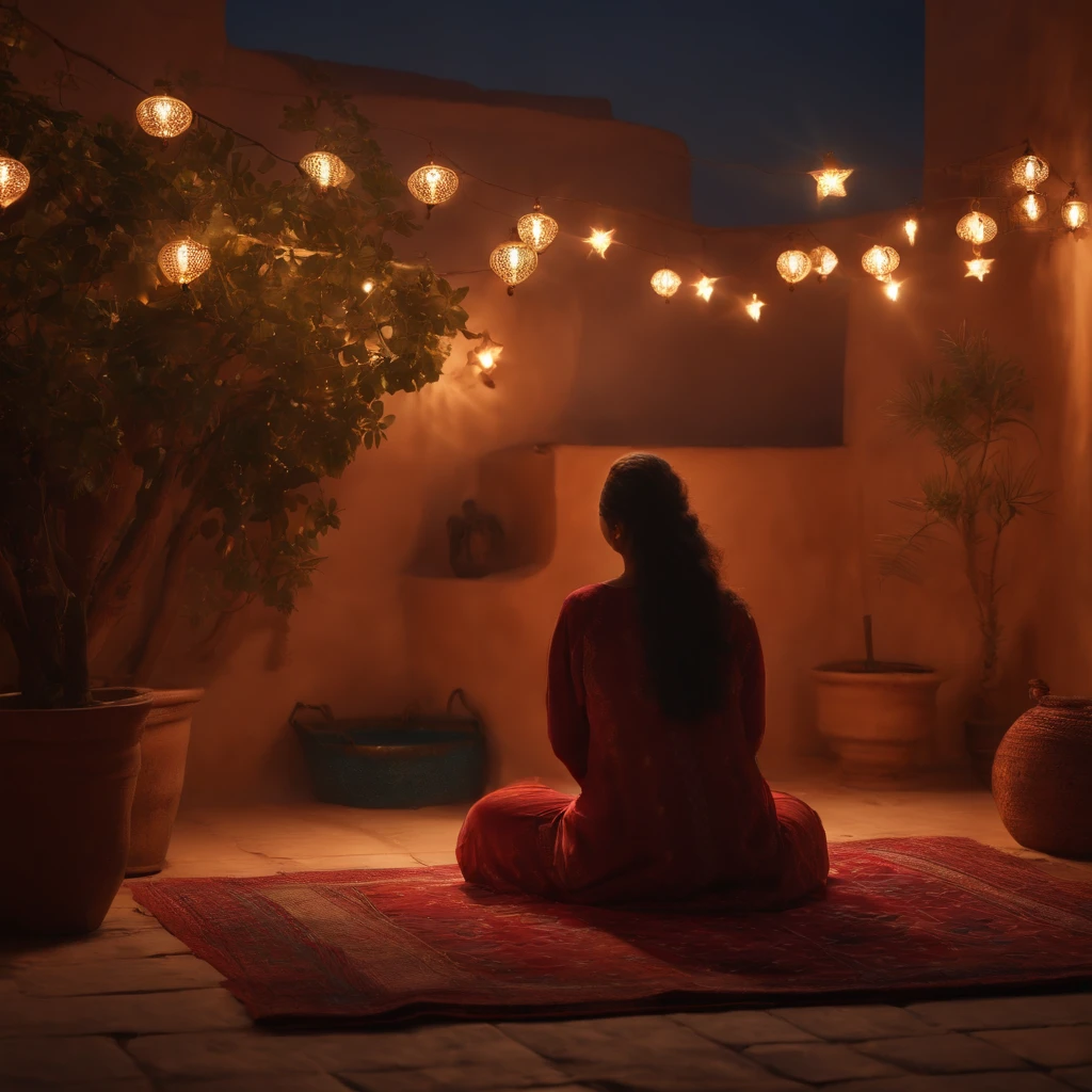 hyper realistic photo, ultra detailed photograph of a beautiful Moroccan rooftop, woman from behind, face hidden, towards view, praying, sobbing, lonely, photorealistic, riad rooftop, Amazigh pillows, Marrakech view, stunning night, shimmering stars, iridescent, soft breeze, hyperrealism, moroccan lamps, Ultra photoreal, Intricate details, Ultra detailed, elegant photorealistic, great high details, hyper real photo, 8k, extreme quality, gorgeous light roses, exotic, glimmering lights, magical, romantic,