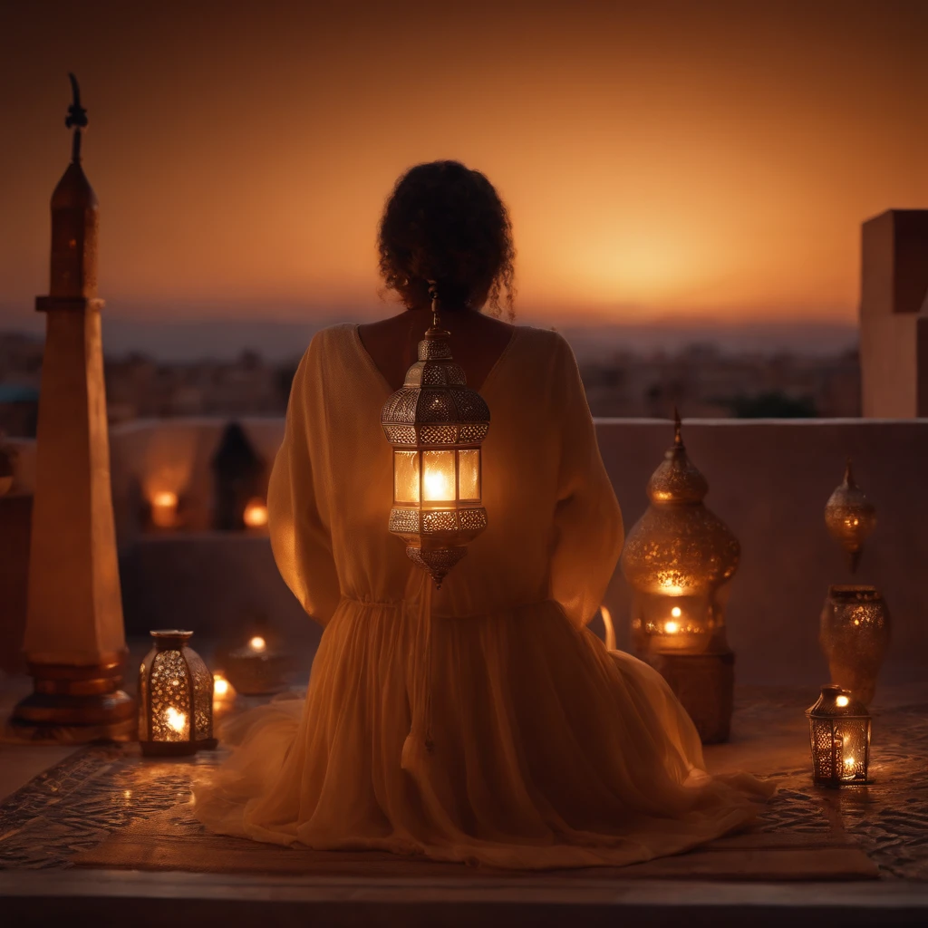 hyper realistic photo, ultra detailed photograph of a beautiful Moroccan rooftop, woman from behind, face hidden, towards view, praying, sobbing, lonely, photorealistic, riad rooftop, Amazigh pillows, Marrakech view, stunning night, shimmering stars, iridescent, soft breeze, hyperrealism, moroccan lamps, Ultra photoreal, Intricate details, Ultra detailed, elegant photorealistic, great high details, hyper real photo, 8k, extreme quality, gorgeous light roses, exotic, glimmering lights, magical, romantic,