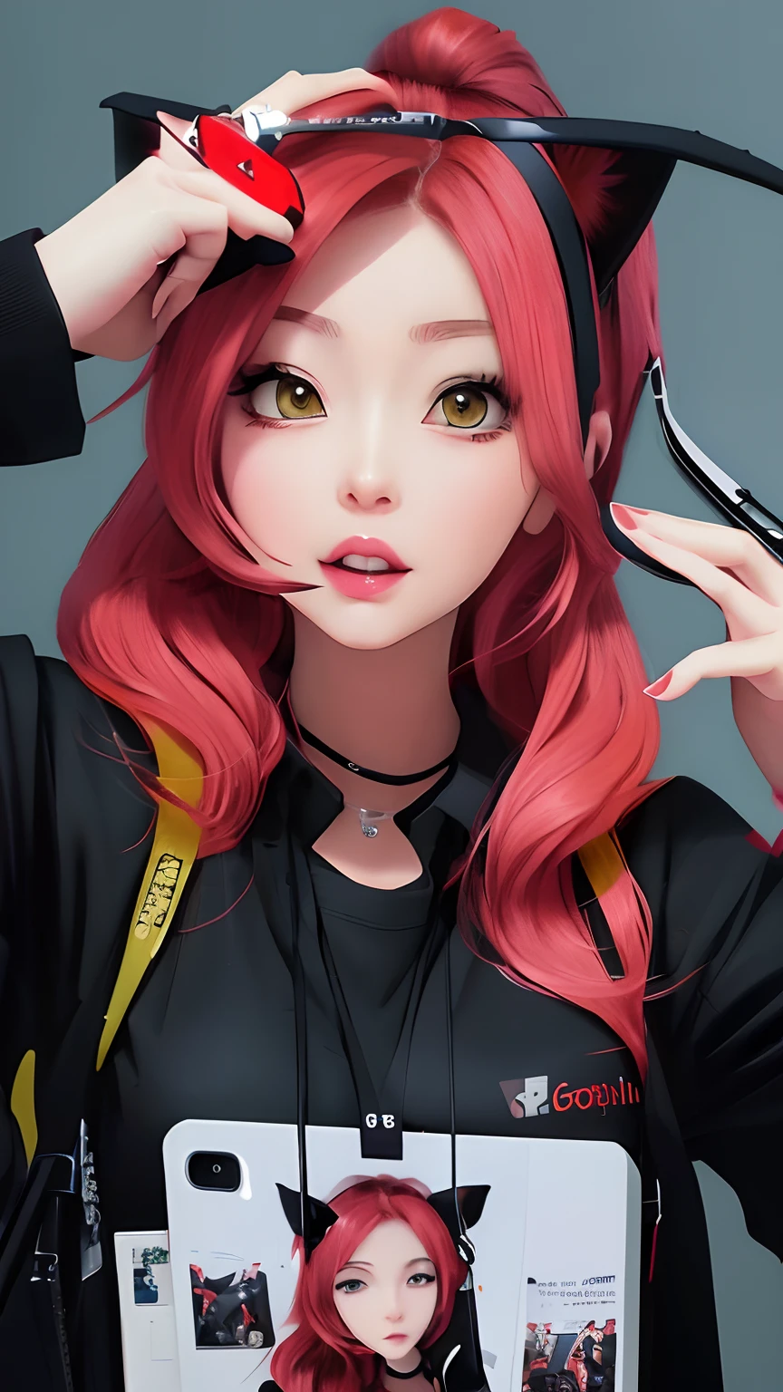 anime girl with red hair and black cat ears holding a cell phone, artwork in the style of guweiz, digital anime illustration, Anime style. 8K, anime style illustration, Cute art style, anime style 4 k, digital art in anime style, trending on artstration, digital anime art, Anime Art Style, Realistic art style, Detailed Digital Anime Art