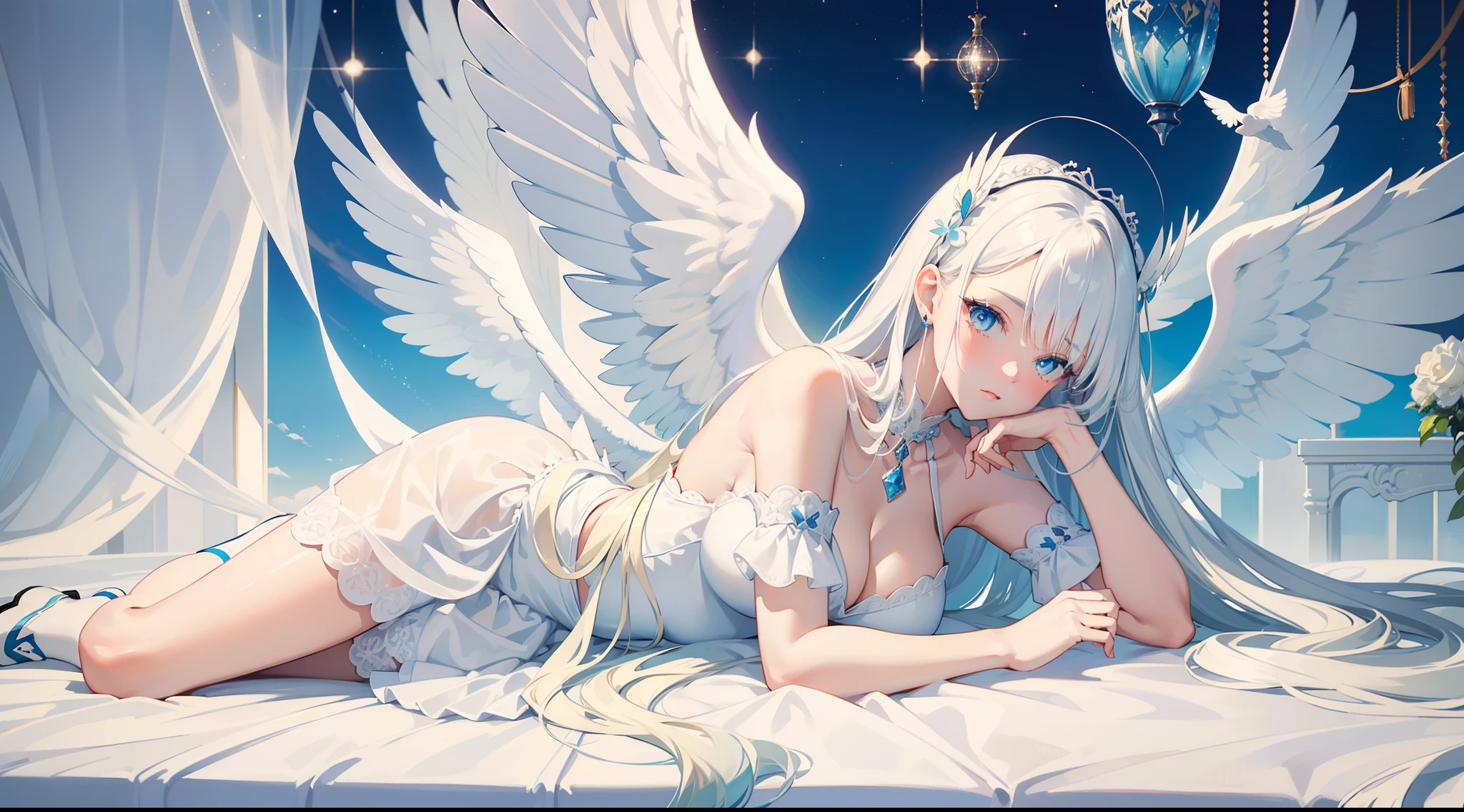 masterpiece, best quality, ultra -detailed, finely detail, White girl, angel, two big wings, white hair, blue eyes, sexy, sexy pose, pastel blue dress, full body, long hair, fringe, pastel blue dress, white shoes, acessories, wings on the back, lying down