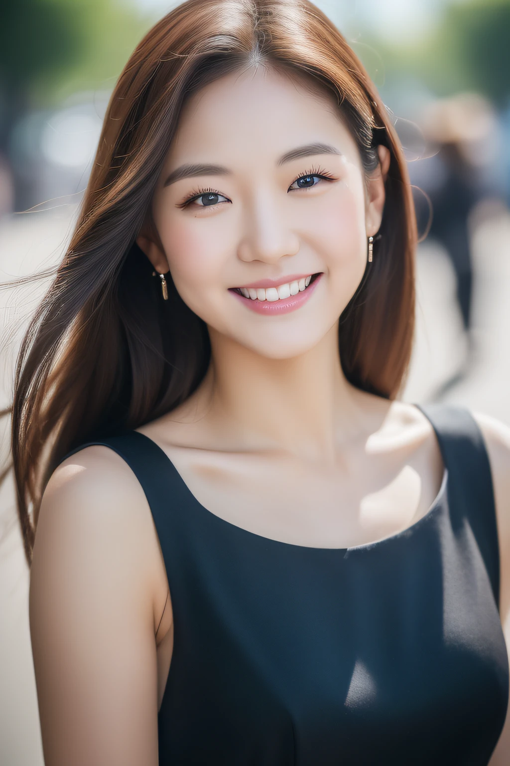 ((Best quality, 8k, Masterpiece :1.3)), 1girl, Heather Kim smiling, full body, slim face, Pretty woman, (Dark brown hair), full length dress :1.1, Ultra-detailed face, Detailed eyes, Double eyelid, blur background, slim face, city, outside, street, holding an blank white board