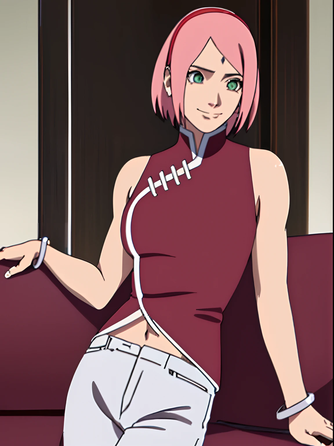 masterpiece, 4k, portrait, cowboy shot, (night), professional artwork, intricate details, colorful, digital blending, (ultra detailed body, ultra detail hair, ultra detail face), trending on pixiv, kind smile, best quality, anime style: 1.9, 1girl, hires, haruno sakura, (forehead mark, milf, red hairband, pale skin, (small breasts), short hair, ((red sleeveless dress,), white pants), (navel, belly button, slender body, slender belly, bracelet, pink hair, closed mouth, big eyes), smile, beach, wind, floating hair, detailed arms, off-shoulders, broad shoulders, (slightly muscular arms, slightly strong biceps), armpit on couch, rips, , fancy couch, relaxing, (hand leaning on couch, laying)