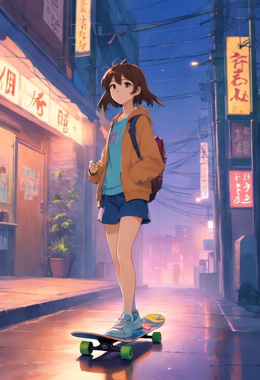 girl with, sixteen years old, Have a skateboard, the night,By oneself,城市,Cyberpunk Personality,smog,Street fashion,ear phone,the street,outside of house,Neon light,smog,