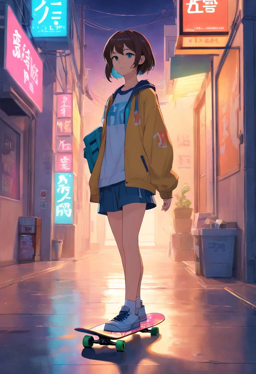 girl with, sixteen years old, Have a skateboard, the night，By oneself，城市，Cyberpunk Personality，smog，Street fashion，ear phone，the street，outside of house，Neon light，smog,