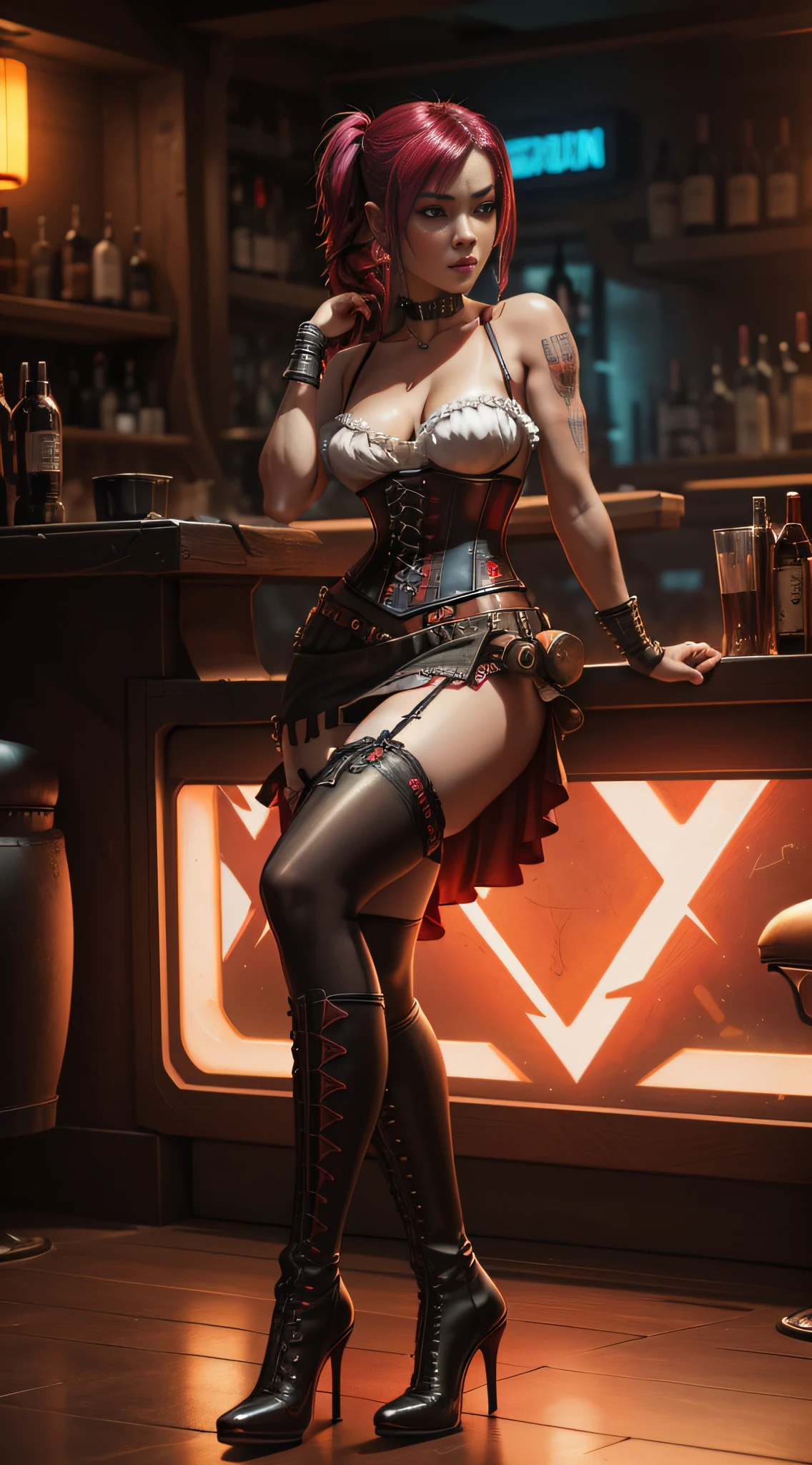 1girl, Asian young woman sitting near ((bar counter)) in ((cyberpunk western saloon)), wearing ((red cyberpunk corset)), ((black cyberpunk petticoat)), ((white cyberpunk stockings)), ((high cyberpunk boots on heels)), makeup, ((cyberpunk style)), seductive, sexy, hot, sultry, shapely, full body render, fine detail, highest quality, skin texture, intricate details, (cinematic lighting), RAW photo, 8k, perfect face, perfect body, beautiful, hyperrealism, trending on artstation