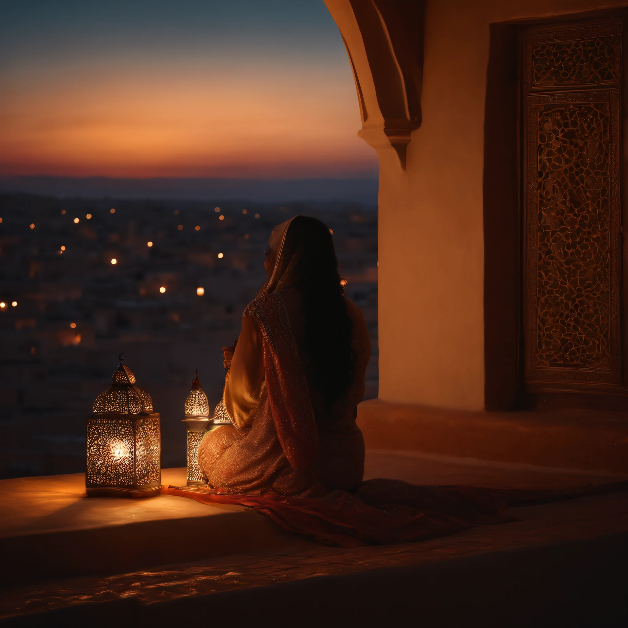 hyper realistic photo, ultra detailed photograph of a beautiful Moroccan rooftop, woman from behind, face hidden, towards view, praying, sobbing, lonely, photorealistic, riad rooftop, Amazigh pillows, Marrakech view, stunning night, shimmering stars, iridescent, soft breeze, hyperrealism, moroccan lamps, Ultra photoreal, Intricate details, Ultra detailed, elegant photorealistic, great high details, hyper real photo, 8k, extreme quality, gorgeous light roses, exotic, glimmering lights, magical, romantic,