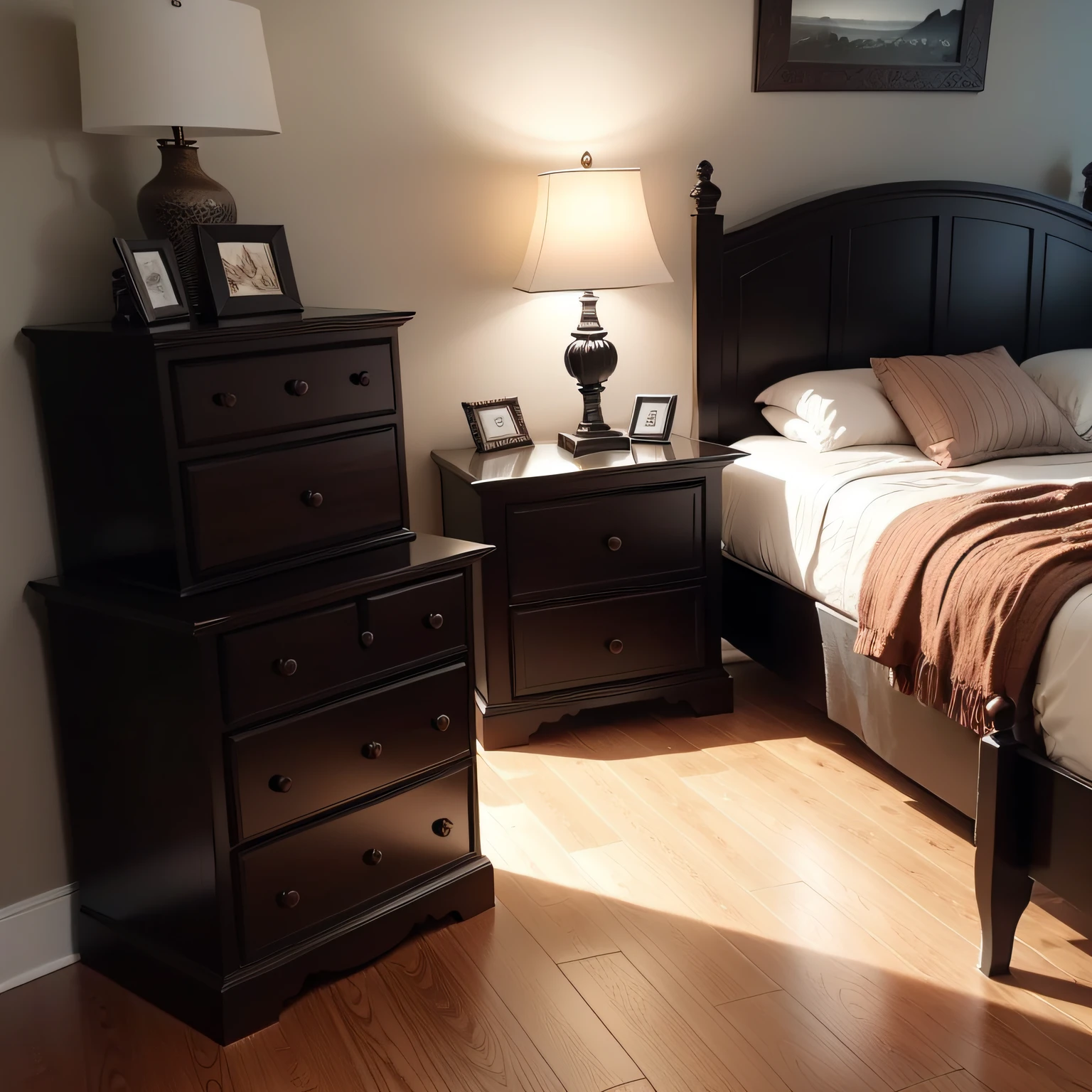 dark wood floor bedroom with Nightstands and Dresser