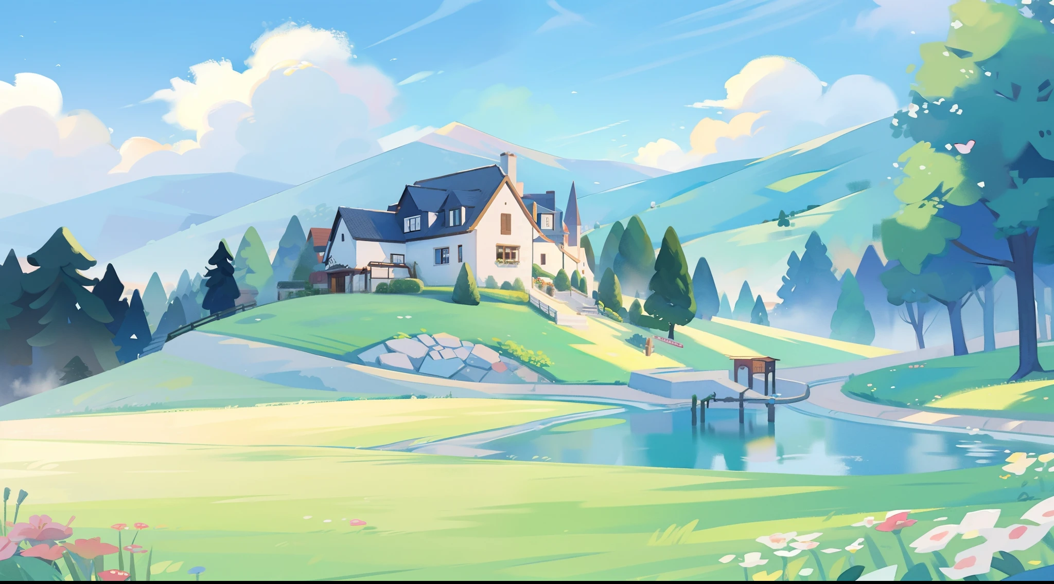 countryside fantasy, watercolor illustration, whimsical, bright colors, huge overgrown stone cottage mansion, princess towers, gazebo, sharp details, meadow, vines, colorful flowers, perfect architecture, watercolor, children's storybook illustration, clouds, colorful, pastel colors, bright, ((masterpiece)), ((best quality)), 8k, intricate detail, high resolution, highly detailed environment, perfect architecture, sharp focus, highly detailed, fine detail, masterpiece, best quality, tiny details, watercolor storybook illustration,