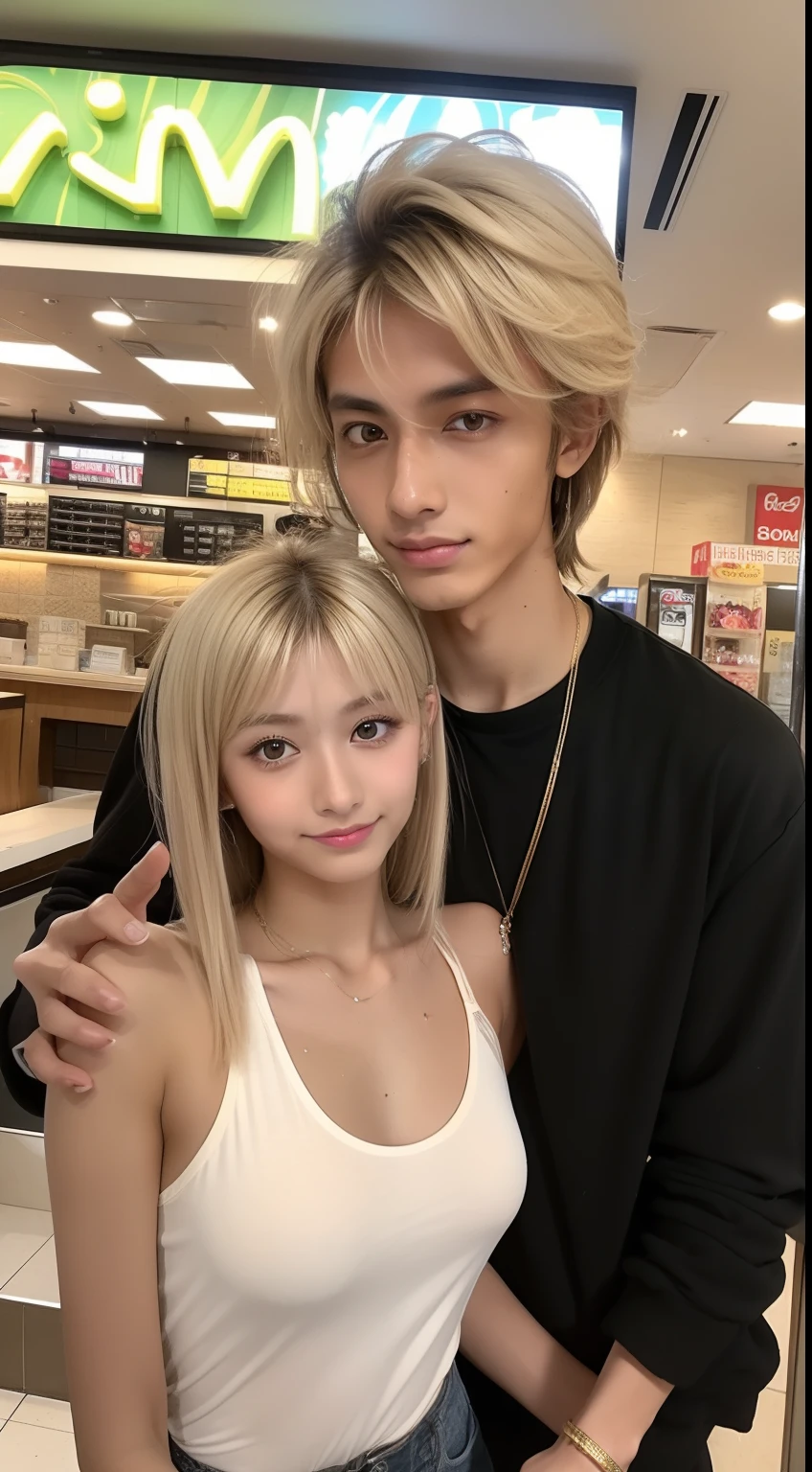 4K,Best Quality, 超A high resolution, masutepiece, ((An 18-year-old man)) 、a handsome、Medieval face、Men like women (Photorealistic:1.4) ,Dark eyeliner、 Bright blonde hair,(Tanned skin:1.6),gyaru fashion、Inside a McDonald's store、Take a seat