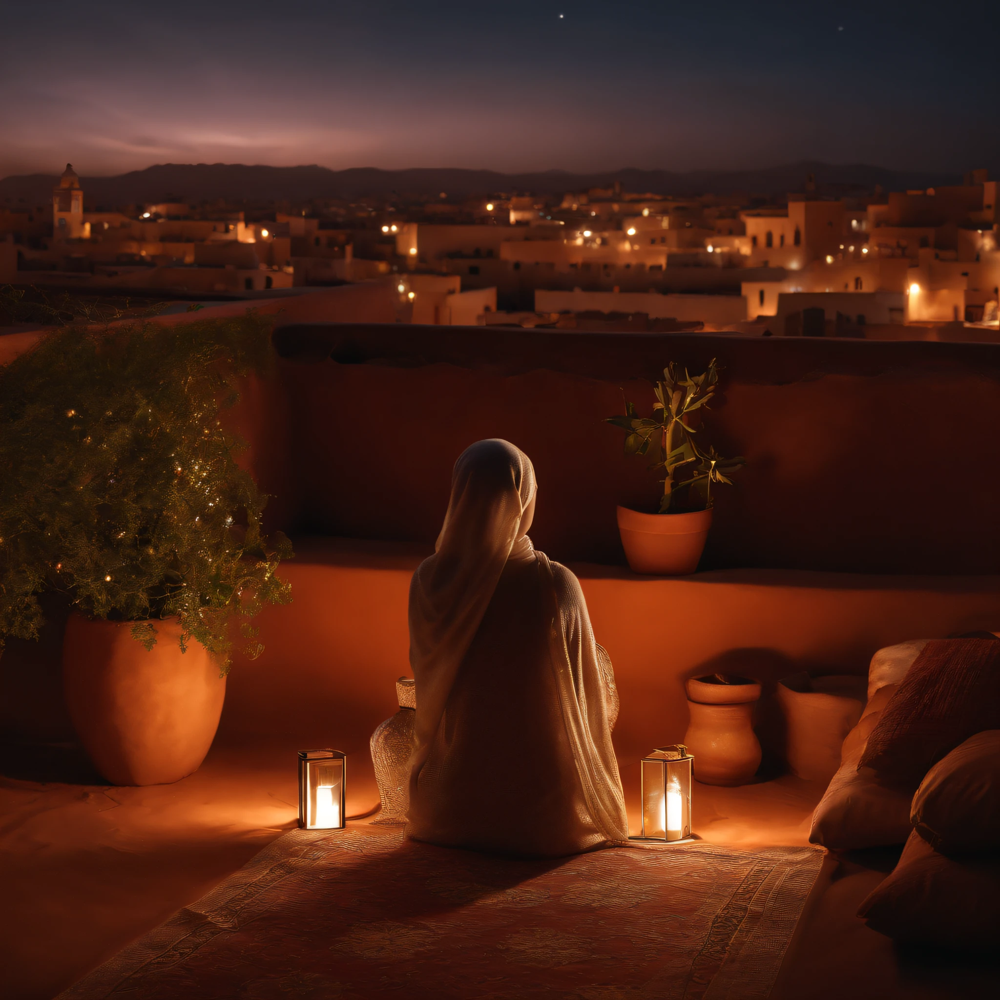 hyper realistic photo, ultra detailed photograph of a beautiful Moroccan rooftop, woman from behind, face hidden, towards view, praying, sobbing, lonely, photorealistic, riad rooftop, Amazigh pillows, Marrakech view, stunning night, shimmering stars, iridescent, soft breeze, hyperrealism, moroccan lamps, Ultra photoreal, Intricate details, Ultra detailed, elegant photorealistic, great high details, hyper real photo, 8k, extreme quality, gorgeous light roses, exotic, glimmering lights, magical, romantic,