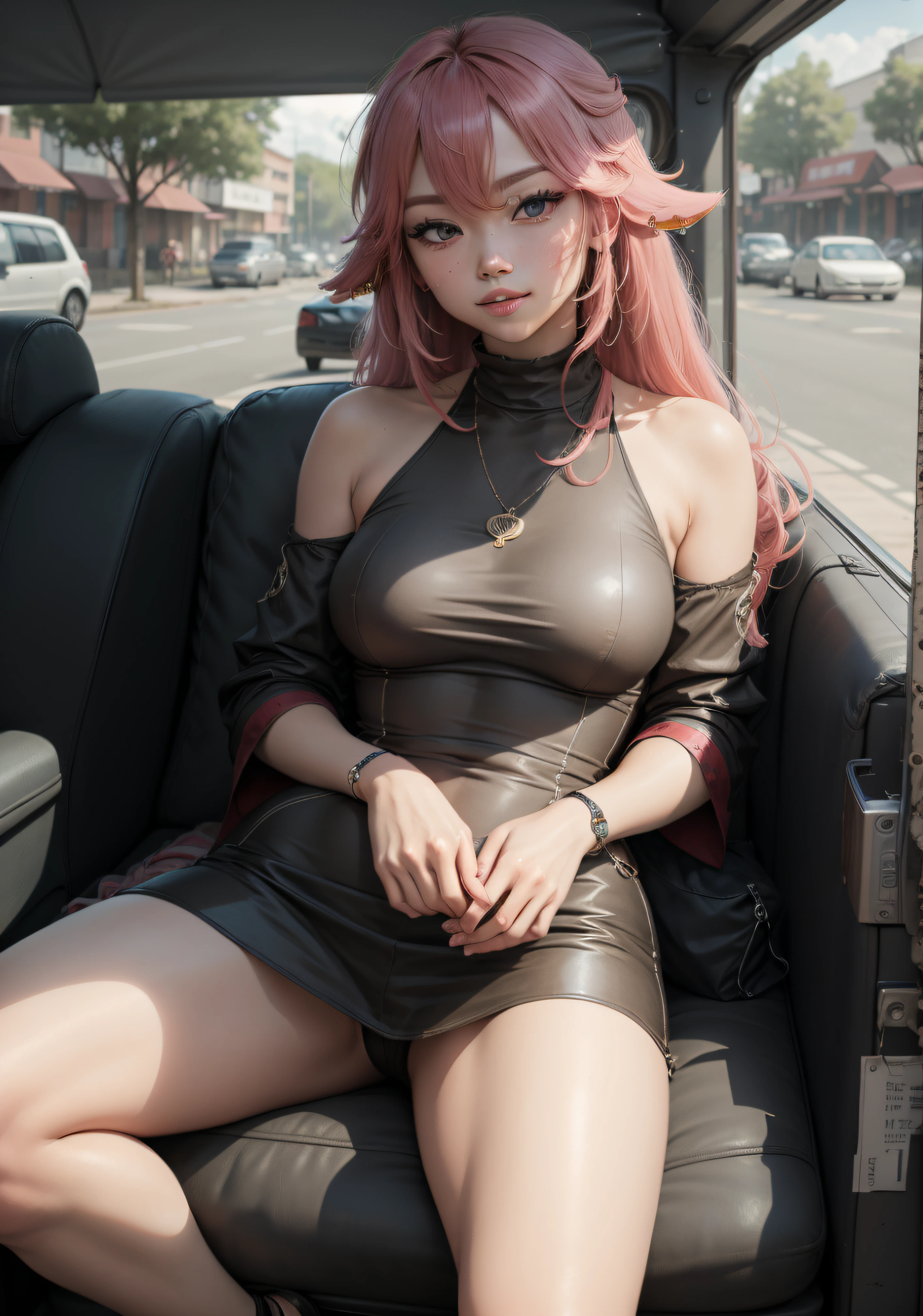 yae miko from genshin impact in modern clothes sitting in pink supra mk4 on front seat