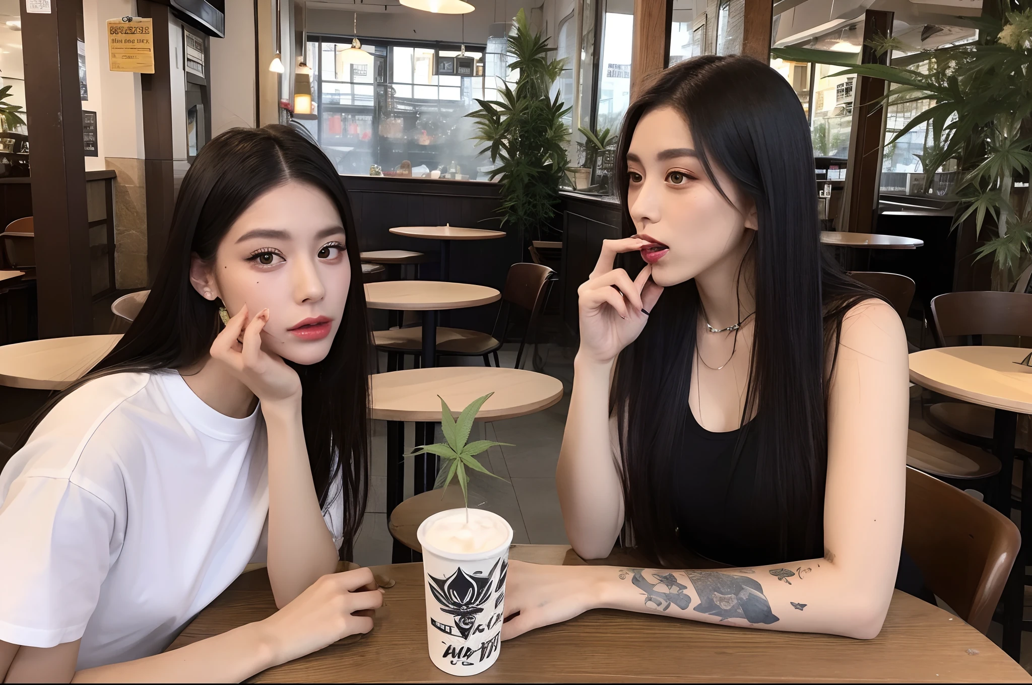 A lot of cannabis on the table、Cannabis buds、Woman smoking cannabis in café、Massive amount of white smoke from the mouth、Tattoos on the body