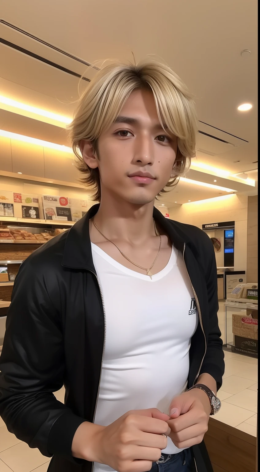4K,Best Quality, 超A high resolution, masutepiece, ((An 18-year-old man)) 、a handsome、Medieval face、Men like women (Photorealistic:1.4) ,Dark eyeliner、 Bright blonde hair,(Tanned skin:1.6),gyaru fashion、Inside a McDonald's store、Take a seat