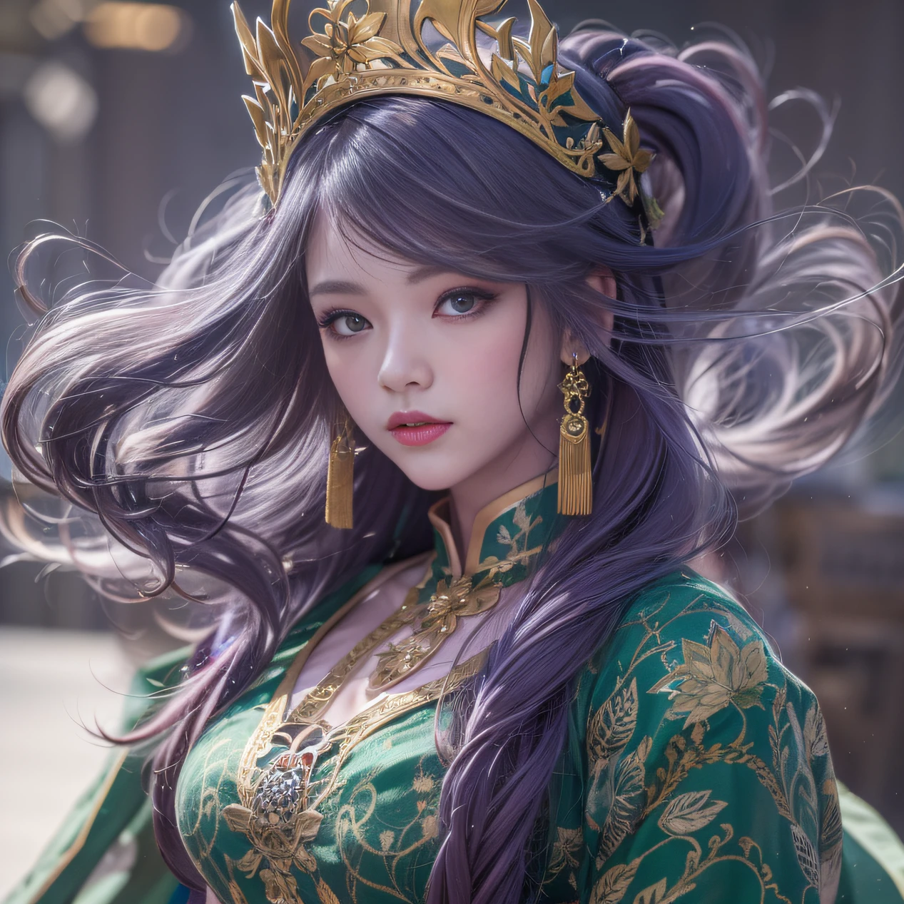 Agate glass texture 32K（tmasterpiece，k hd，hyper HD，32K）Long flowing bright purple hair，Autumn Pond，zydink， a color， Asian people （Kizi）， （Red scarf）， Combat posture， looking at the ground， long whitr hair， Floating bright purple， Fire cloud pattern gold tiara， Chinese long-sleeved gold silk garment， （abstract ink splash：1.2）， white backgrounid，Lotus protector（realisticlying：1.4），Bright purple hair，Smoke on the road，The background is pure， A high resolution， the detail， RAW photogr， Sharp Re， Nikon D850 Film Stock Photo by Jefferies Lee 4 Kodak Portra 400 Camera F1.6 shots, Rich colors, ultra-realistic vivid textures, Dramatic lighting, Unreal Engine Art Station Trend, cinestir 800，Long flowing bright purple hair