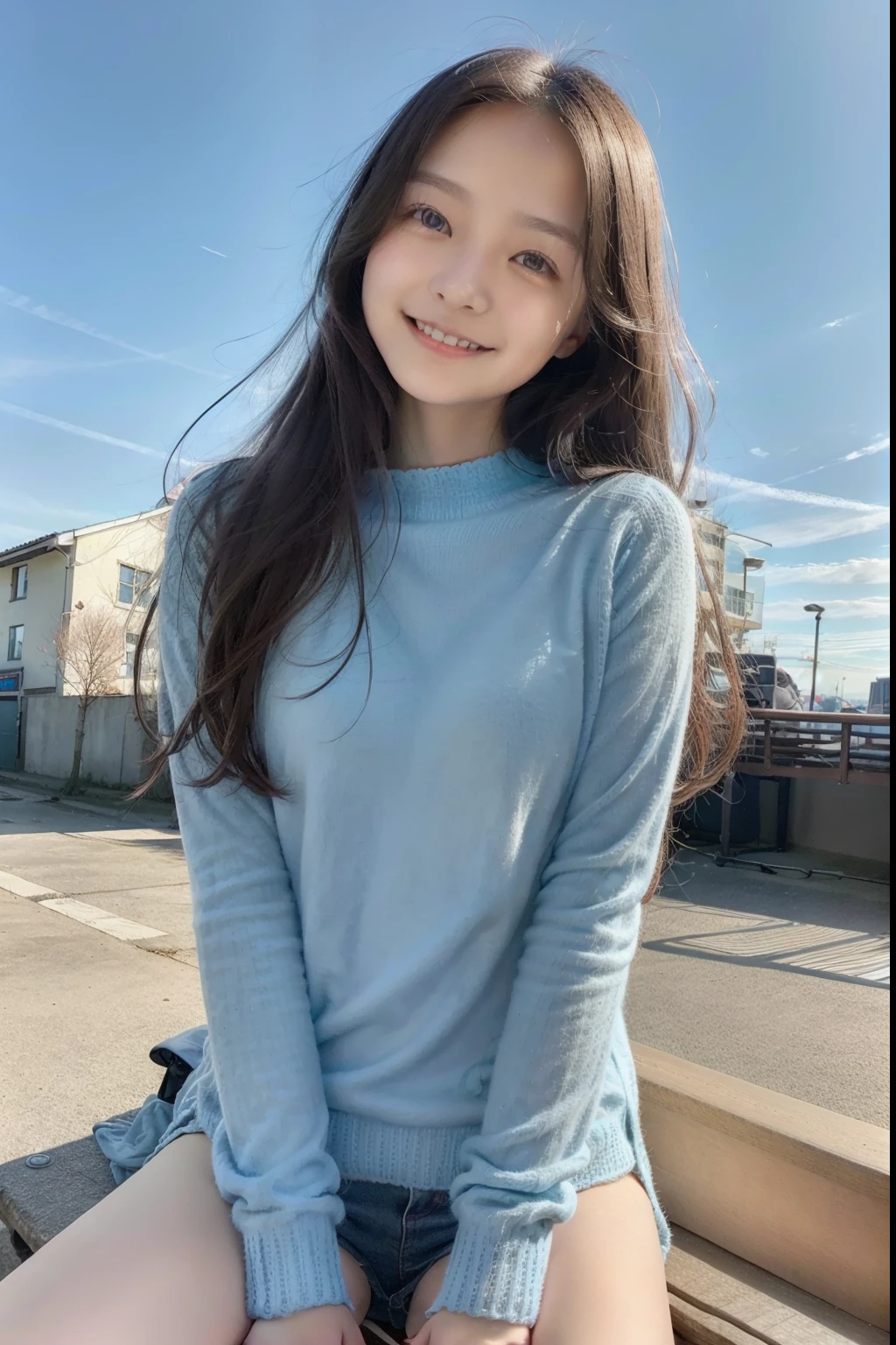 、Light blue long sweater，A dark-haired、The upper part of the body、cute little、A slight smil、An ultra-high picture quality、top-quality、​masterpiece、Sitting on a bench、A slight smil、Autumn sky
